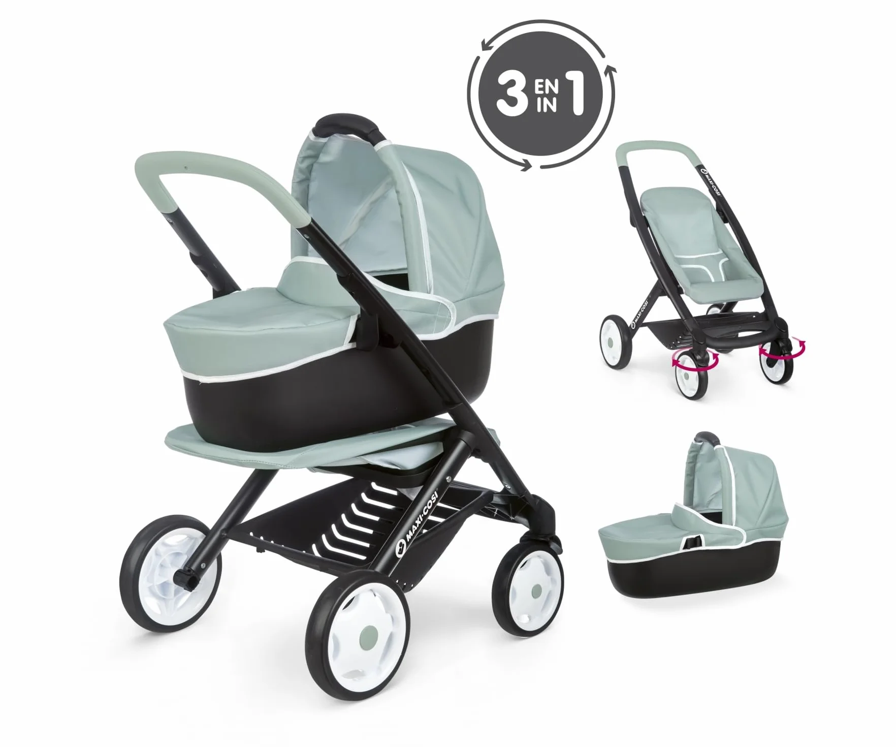 Smoby7600253120 Maxi Cosi & Quinny Wózek głęboki 3w1 dla lalki do 42cm, gondola, spacerówka z koszykiem, wysokość rączki 64 cm