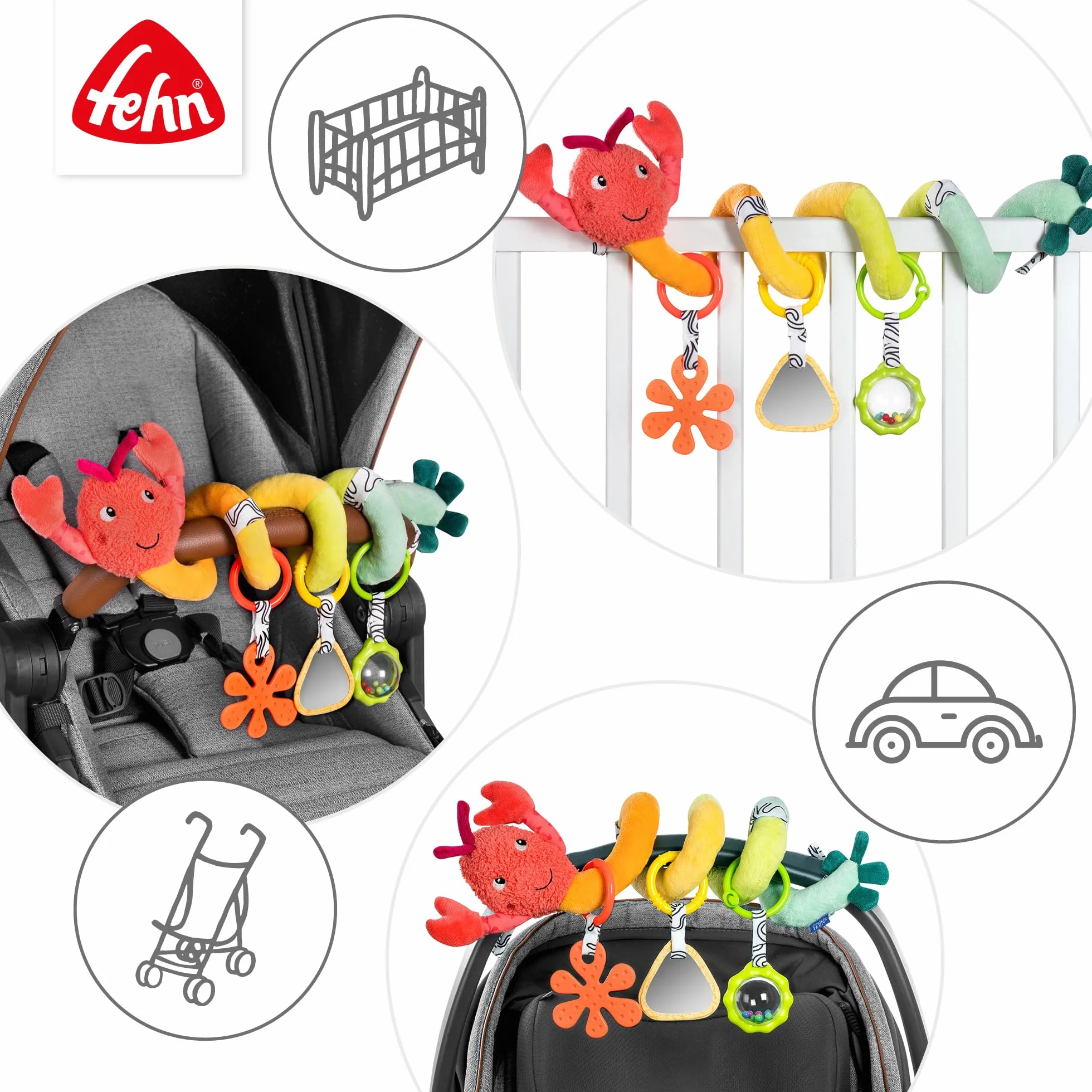 Fehn Hummer spirala Activity – spirala materiałowa z funkcjami uczenia się do chwytania, odczuwania, zabawy – wspomaga chwytanie, zmysł dotyku i motorykę – do domu i w podróży, dla niemowląt od