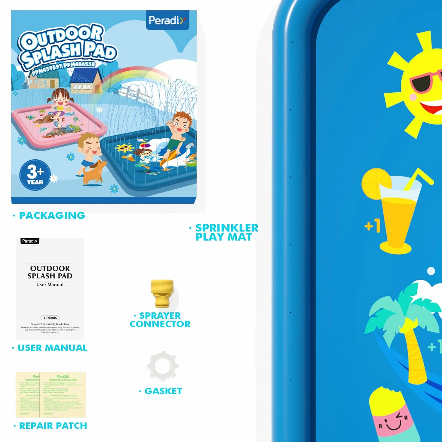 Peradix Splash Pad, 170 cm, mata do zabawy wodna, antypoślizgowa, mata do zabawy, na lato, do ogrodu, na zewnątrz, do ogrodu, na imprezę dla dzieci