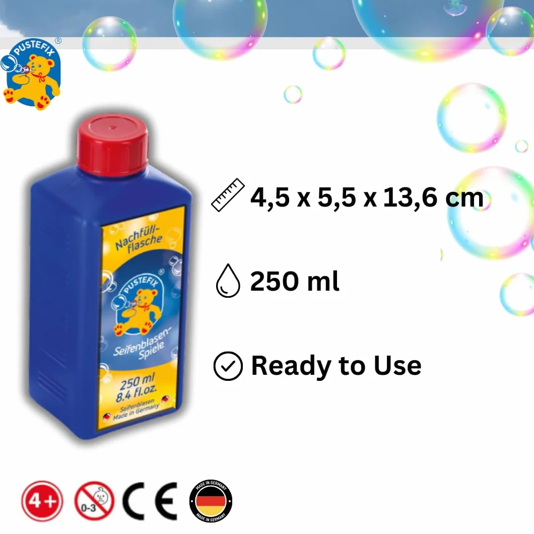 PUSTEFIX butelka uzupełniająca Mini, 250 ml płyn do baniek mydlanych Made in Germany bańki mydlane na wesele urodziny dziecka wieczór bańki mydlane dla dzieci i dorosłych