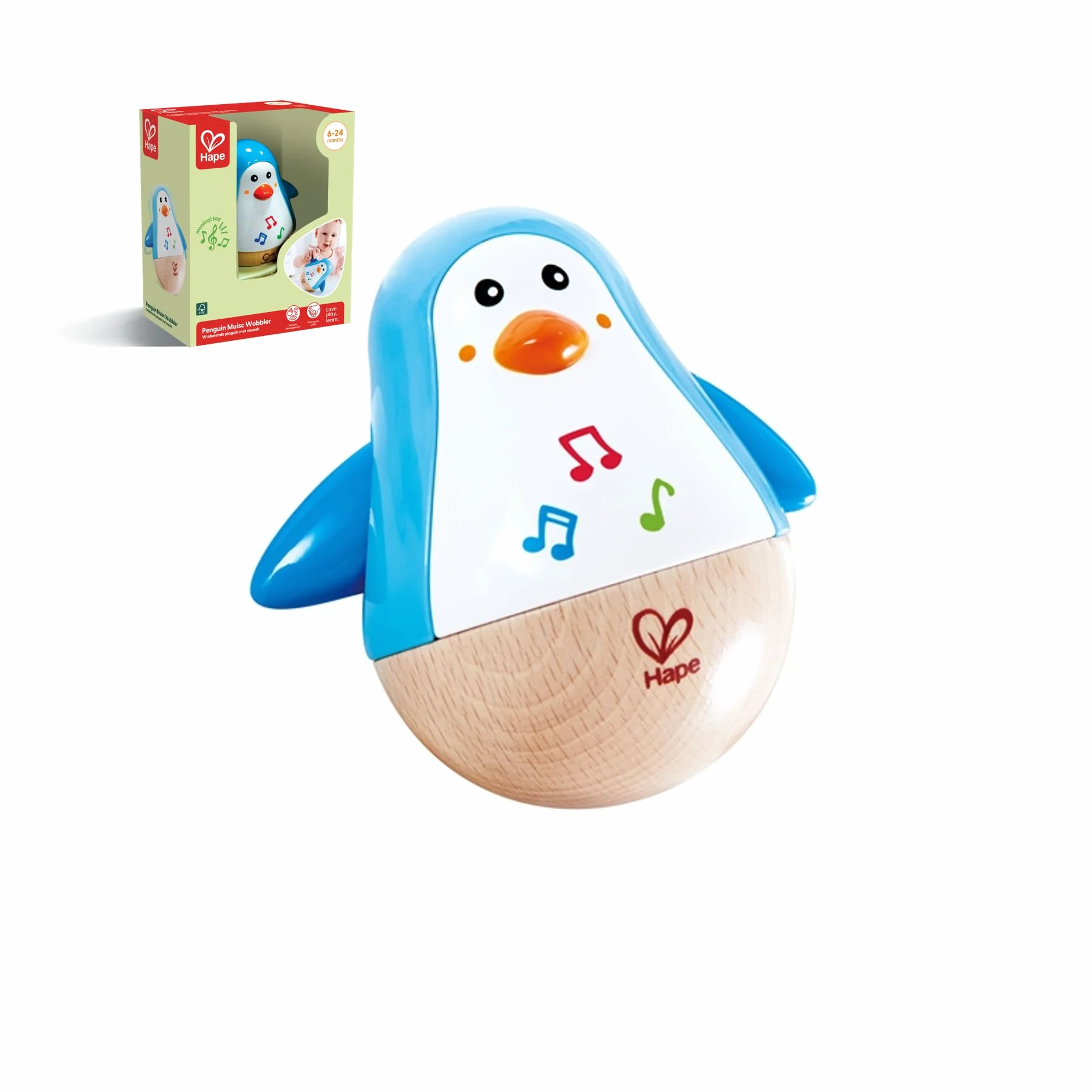 Hape Penguin Musical Wobbler, Colourful Wobbling Melody, Roly-Poly Toy for Kids 6 Months+