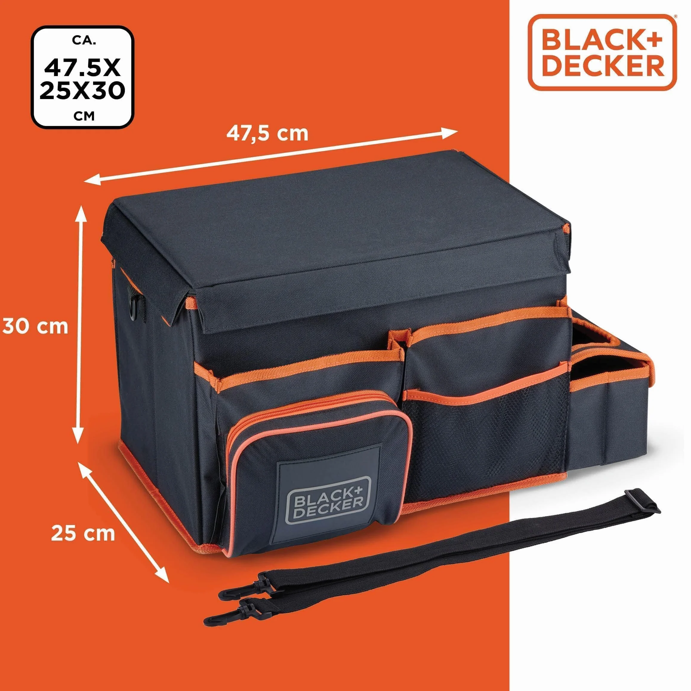 BLACK+DECKER Organizer do bagażnika 47,5x25x30 cm z paskiem do noszenia uchwyt na napoje szary pomarańczowy