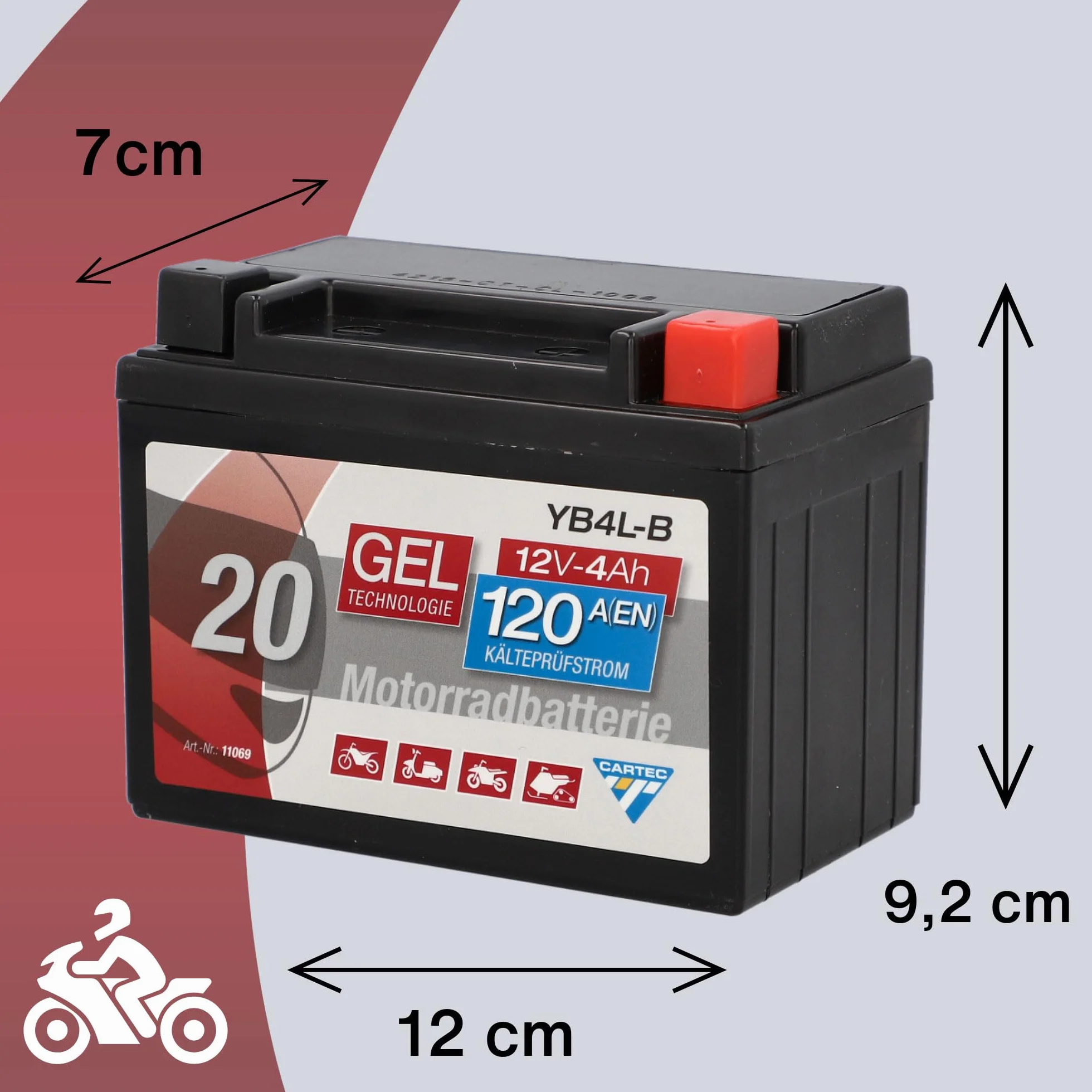 CARTEC Akumulator motocyklowy YB4L-B, 4 Ah 120 A, technologia żelowa, jakość OEM, odporny na cykl, możliwość przechowywania, bezobsługowy, czarny