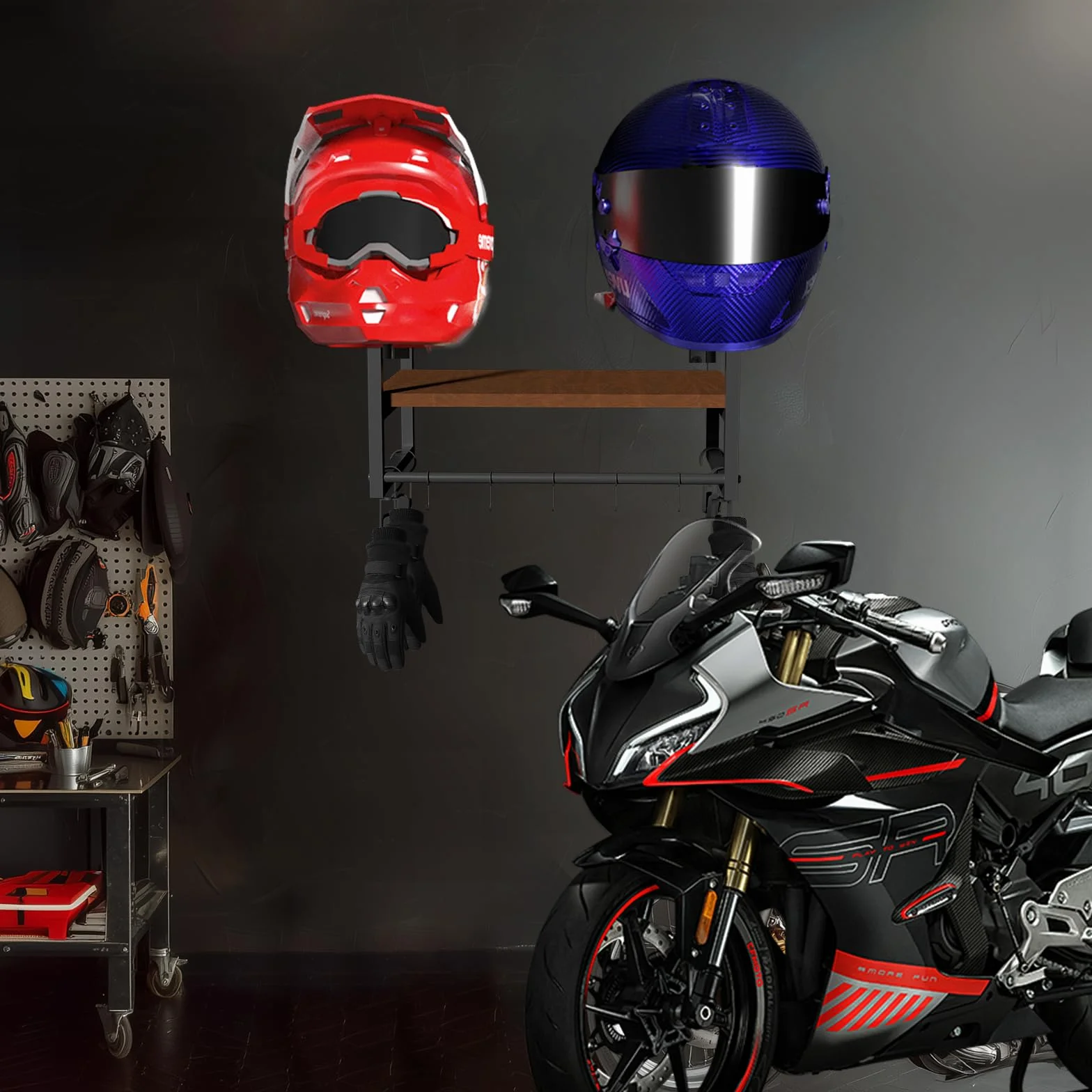 Uchwyt na kask motocyklowy, montowany na ścianie, jednowarstwowy uchwyt na kask retro, wykonany z żelaza i drewna, do przechowywania akcesoriów motocyklowych