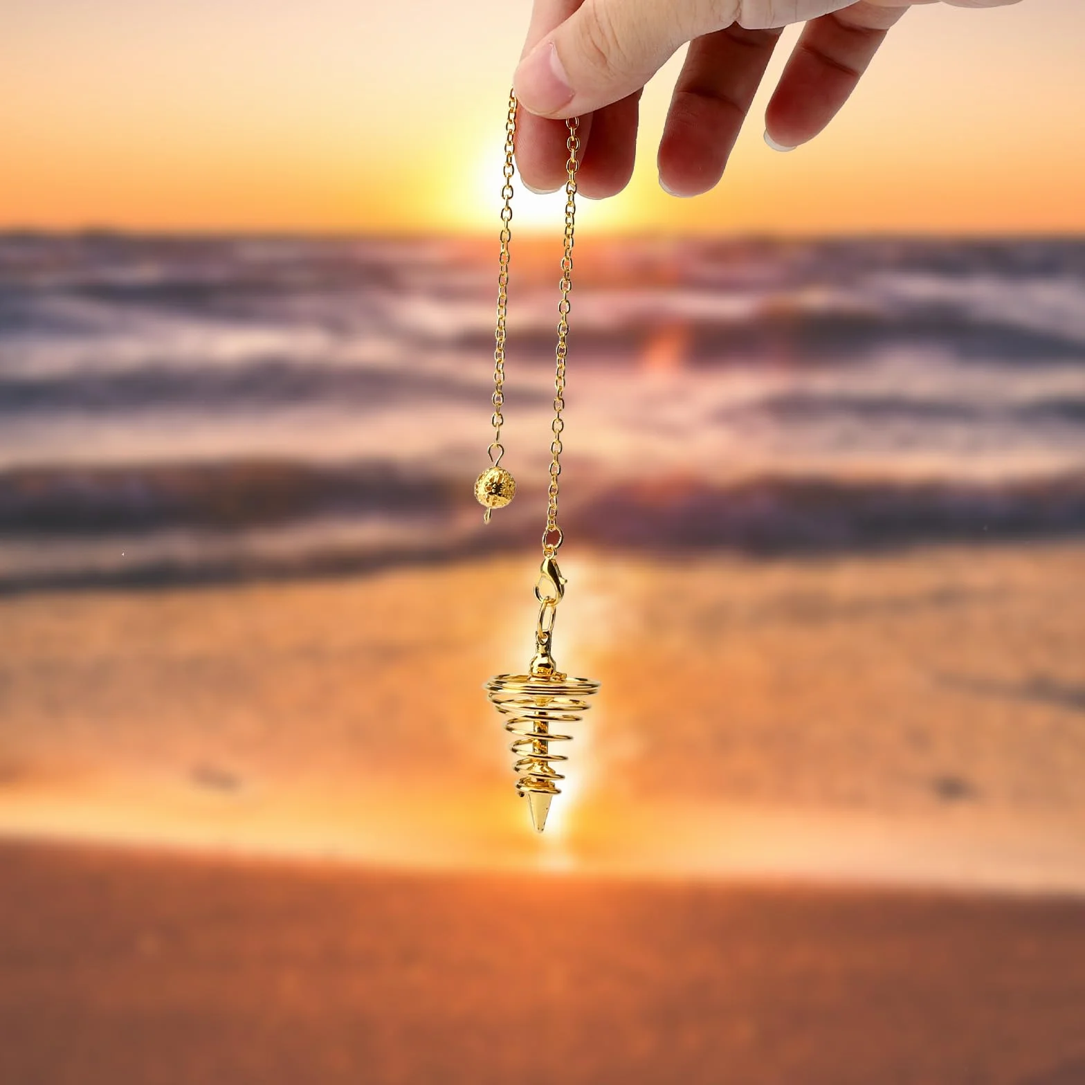 TNSLAND Wahadło ezoteryczne z łańcuchami spiralne miedziane wahadło zestaw życzeń do białej piły akcesoria taro, reiki równoważące prezenty dla miłośników taro, złote