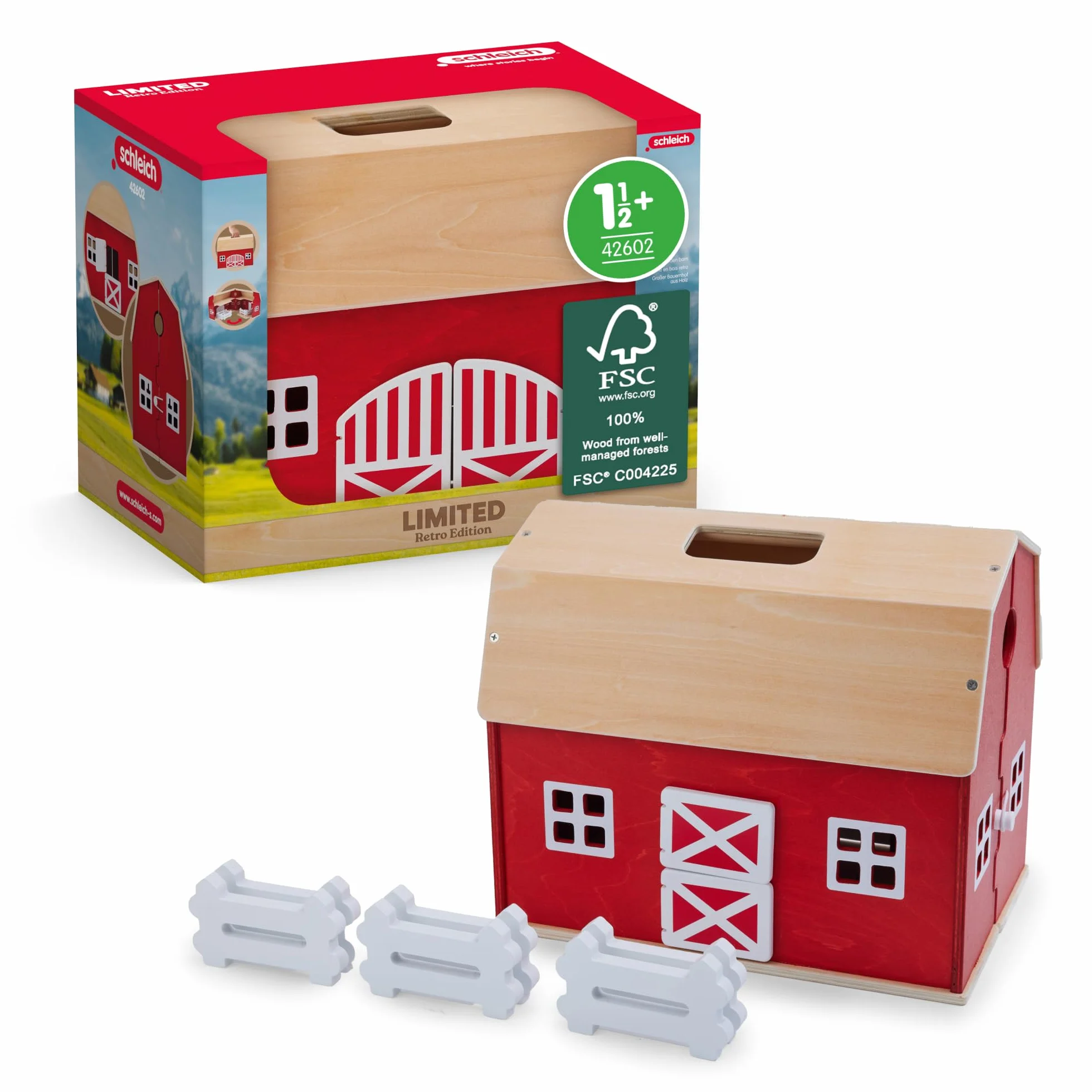 schleich FARM WORLD | Duża drewniana farma 42602 | Zestaw z domkiem, 6 ogrodzeniami i akcesoriami | Rozkładana farma | prezent dla chłopców i dziewczynek | Zabawka od 1,5 roku | Zestaw 7 elementów