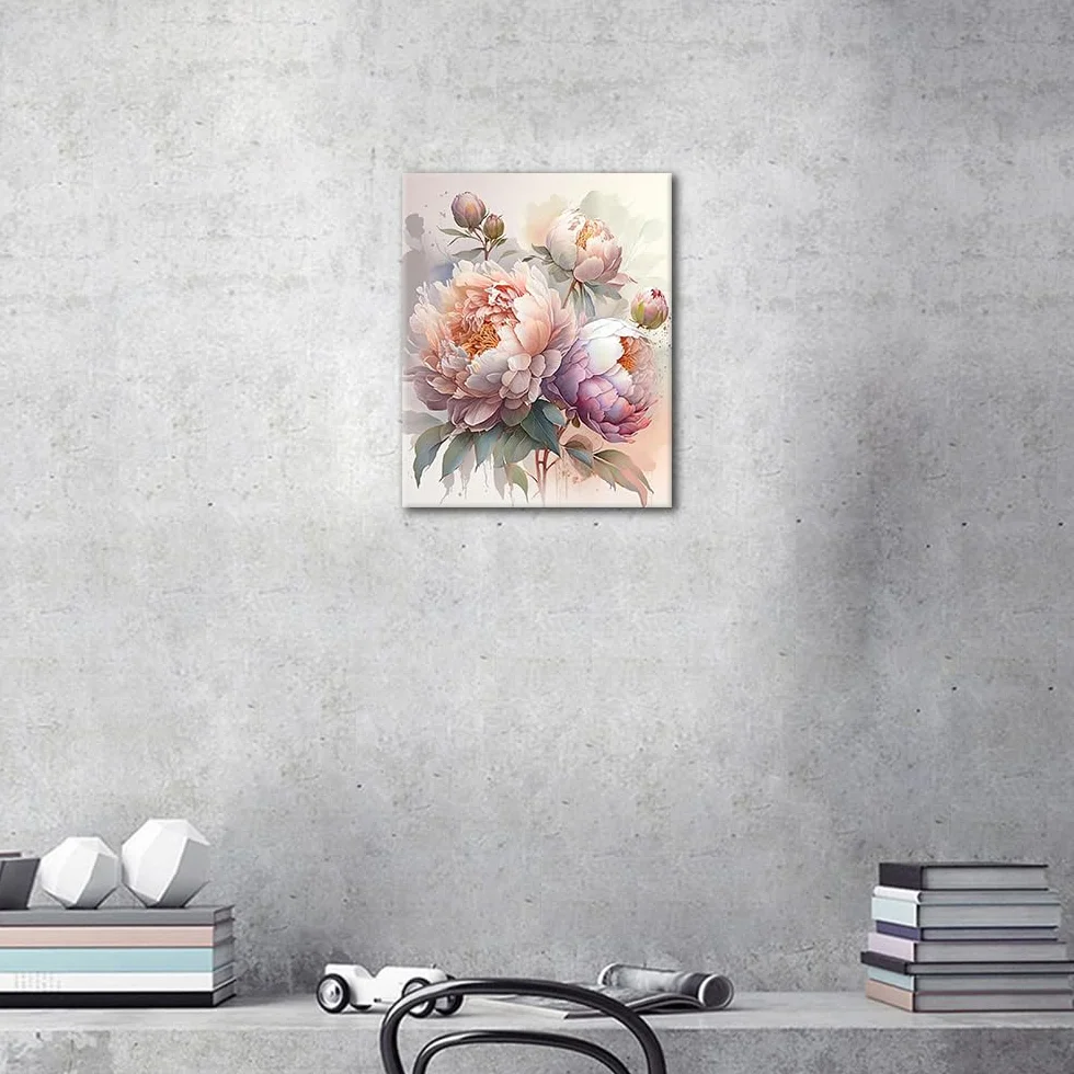 TISHIRON Zestaw do malowania według liczb – piwonie w stylu malarstwa olejnego, 40 x 50 cm, sztuka kwiatowa dla dorosłych i początkujących, w zestawie pędzle i farby akrylowe do eleganckiej dekoracji