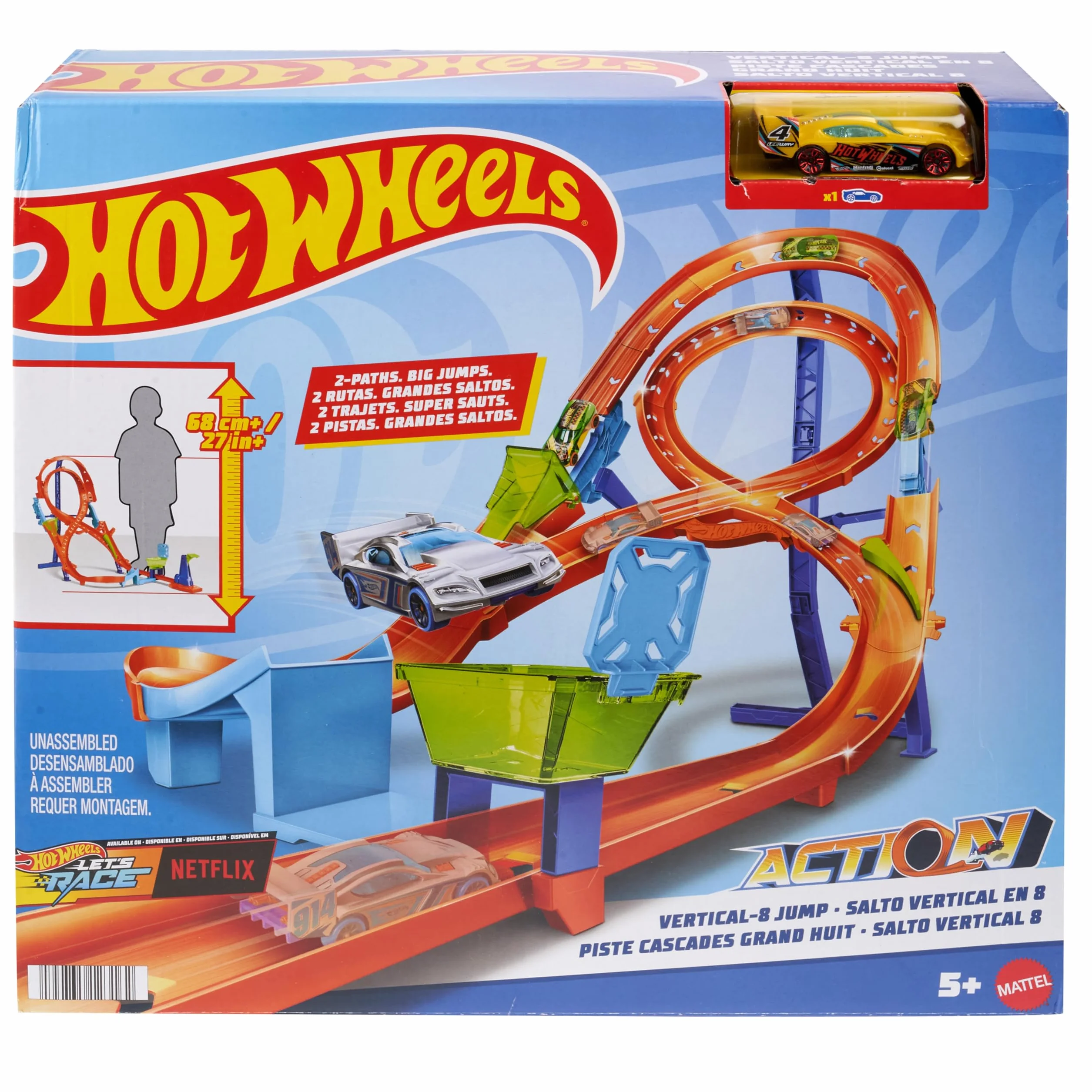 Hot Wheels Pionowy tor Ósemka Zestaw z 1 pojazdem Hot Wheels i torem w kształcie ósemki do wyścigów i popisów kaskaderskich, łączy się z innymi zestawami, łatwe przechowywanie dzięki składaniu, HMB15