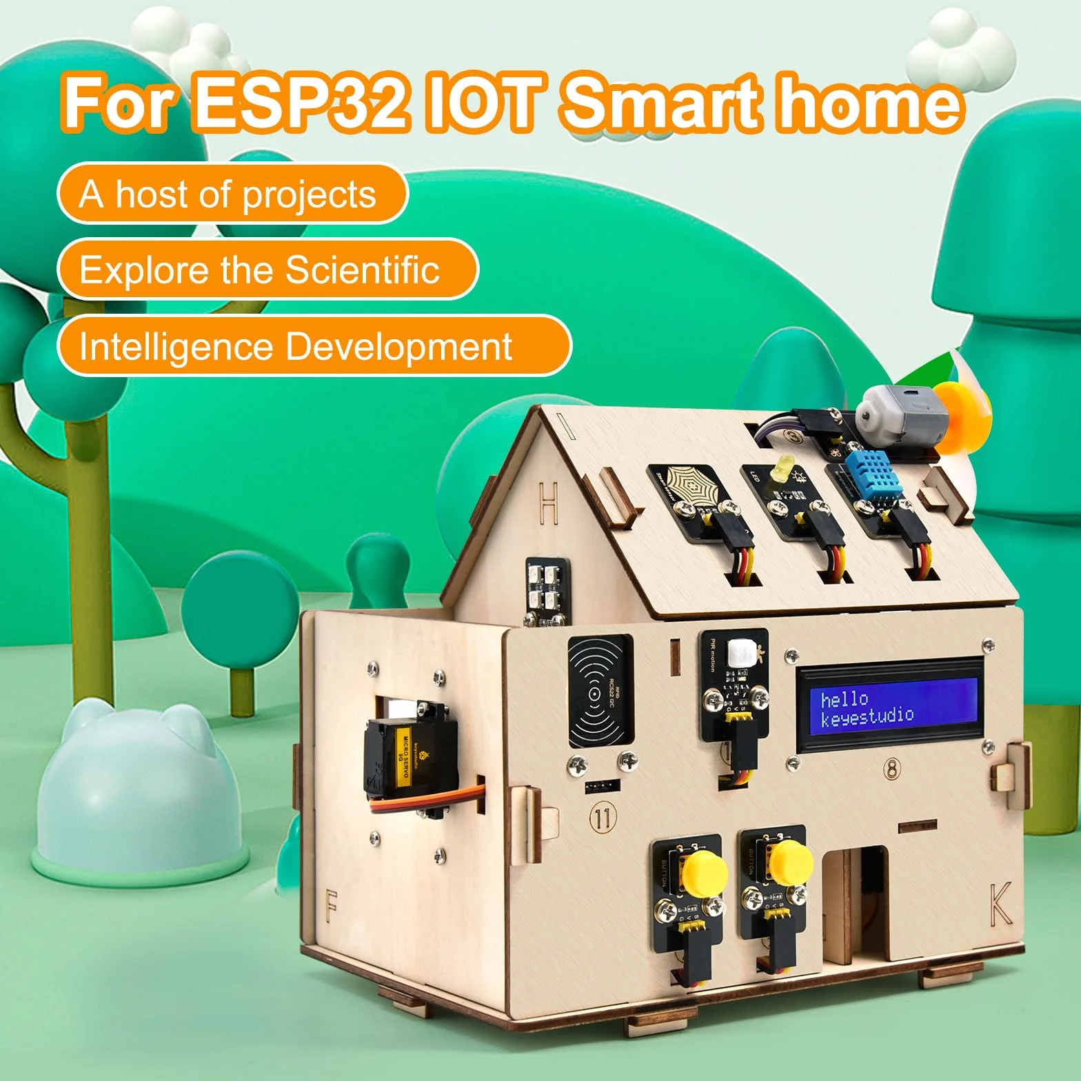 KEYESTUDIO Zestaw startowy inteligentnego domu do Arduino ESP32 i Python, elektroniczny zestaw do kodowania automatyki domowej, zestaw elektrotechniczny, drewniany dom dla nastolatków 14+