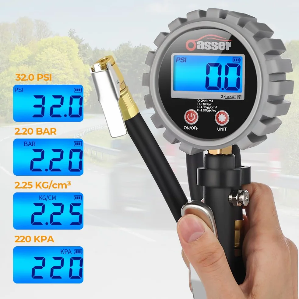 Oasser Cyfrowy miernik ciśnienia w oponach 255 psi z oświetleniem LED i ekranem LCD