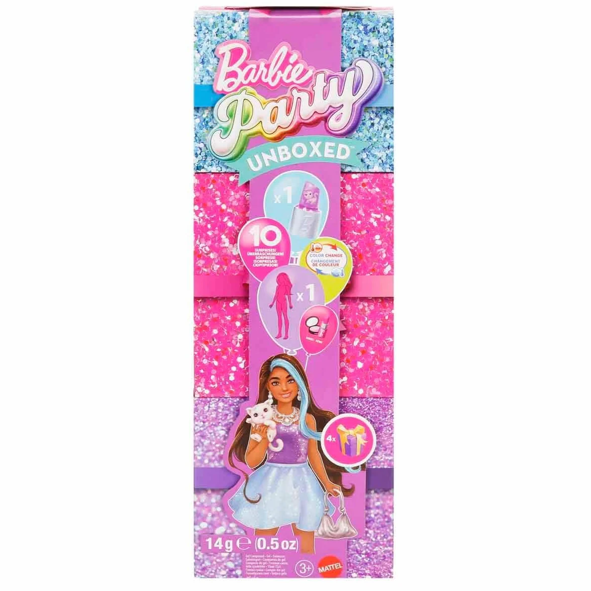 Barbie Party Unboxed Glam Party Stylowe przygotowania Zestaw fioletowy, lalka i akcesoria, łącznie 10 niespodzianek, w tym funkcja zmiany koloru, zabawka dla dzieci 3+, zestaw prezentowy, JFY66