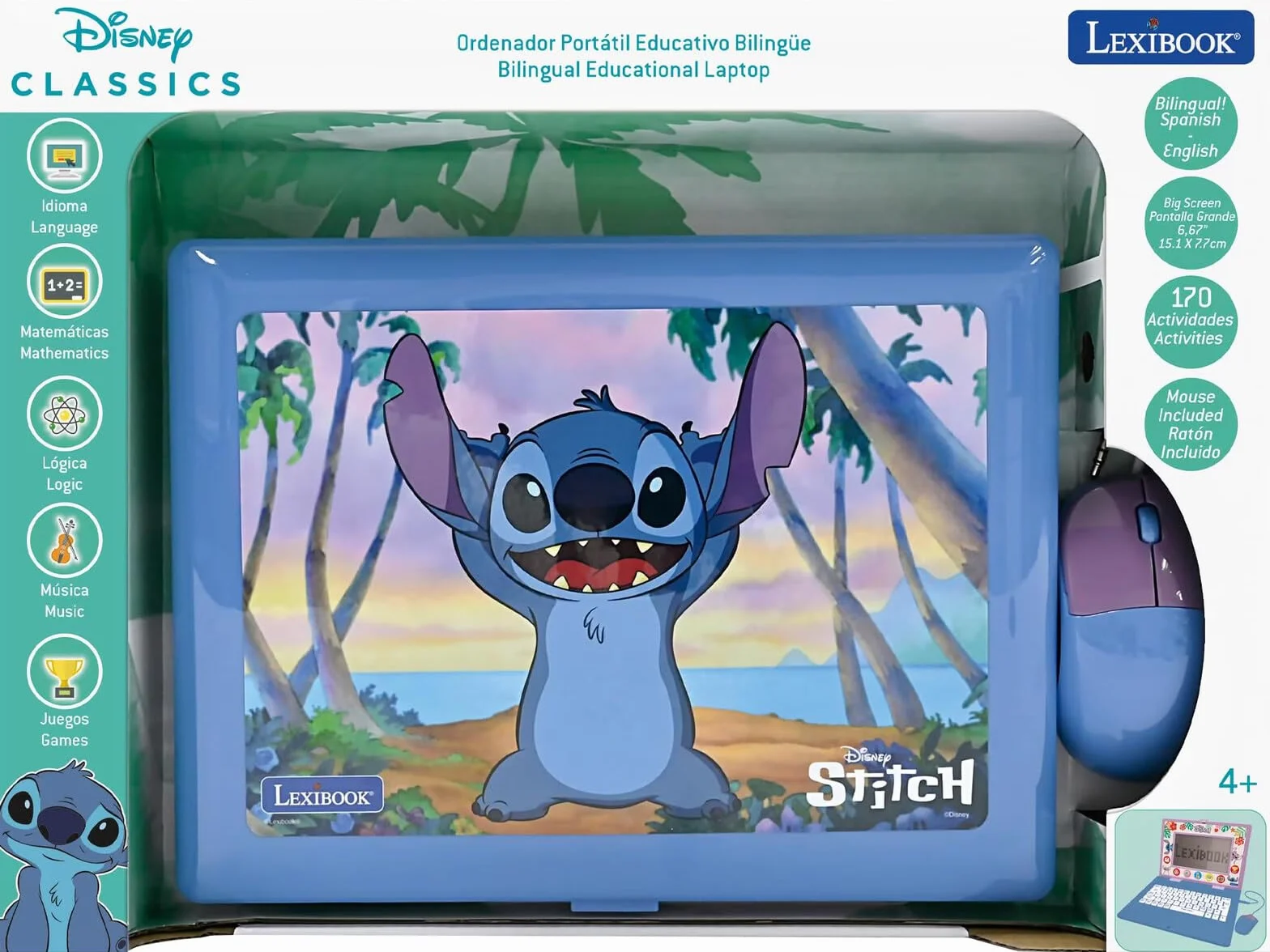 LEXIBOOK, Disney Stitch, Hiszpański/Angielski dwujęzyczny komputer edukacyjny, zabawka dla dzieci, 170 zajęć do nauki, gry i muzyki, duży ekran, niebieski, JC599Di2
