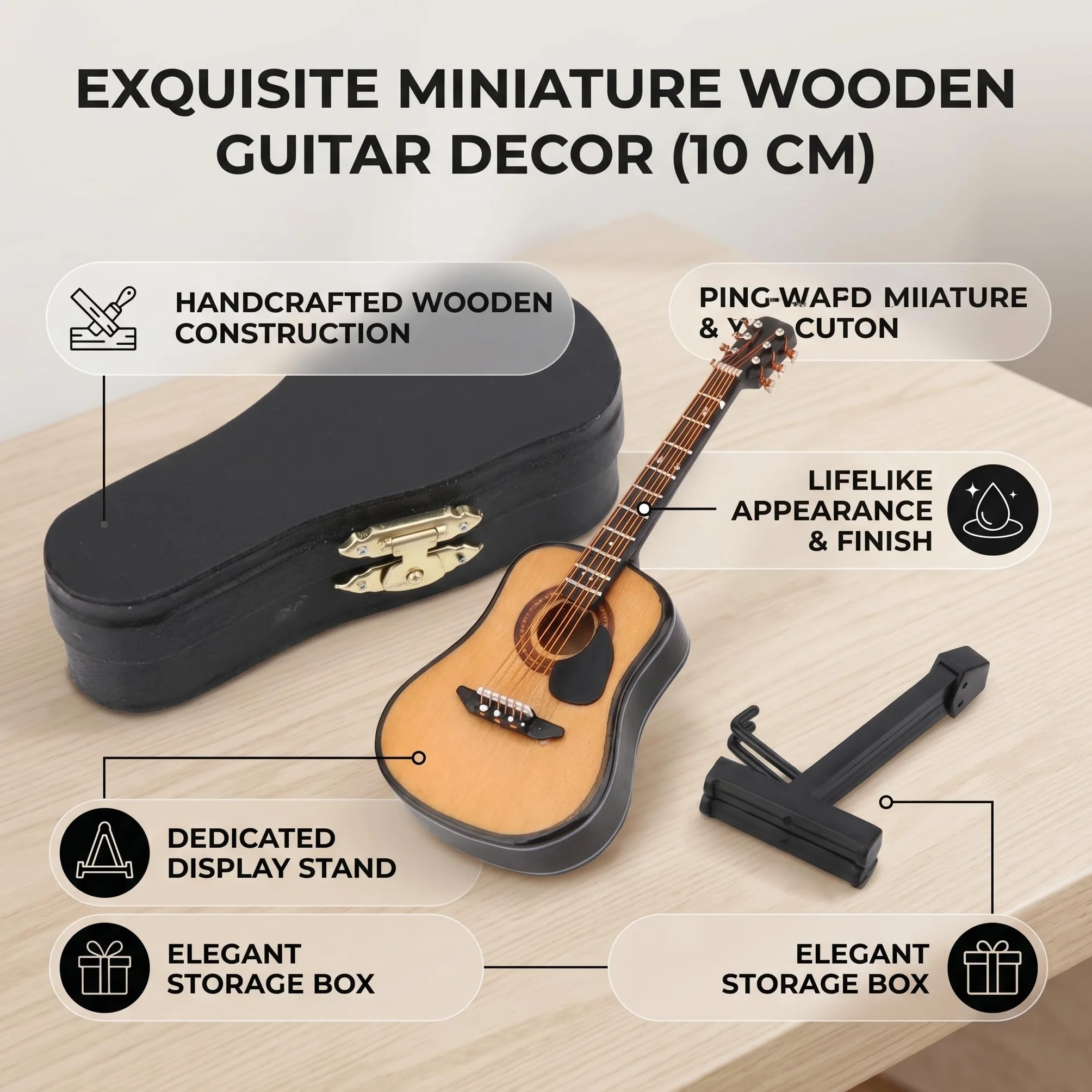 HEEPDD Miniaturowy model gitary, drewniana ozdoba gitarowa ze stojakiem do dekoracji domowego biura świąteczne prezenty urodzinowe 10 cm dla miłośników muzyki kolekcjonerzy gitar entuzjaści dekoracji