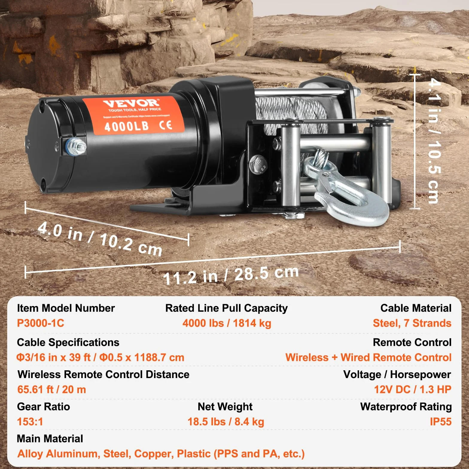 VEVOR Wciągarka elektryczna 1814 kg 12 V DC ATV/UTV z liną stalową 11.9 m Bezprzewodowy pilot