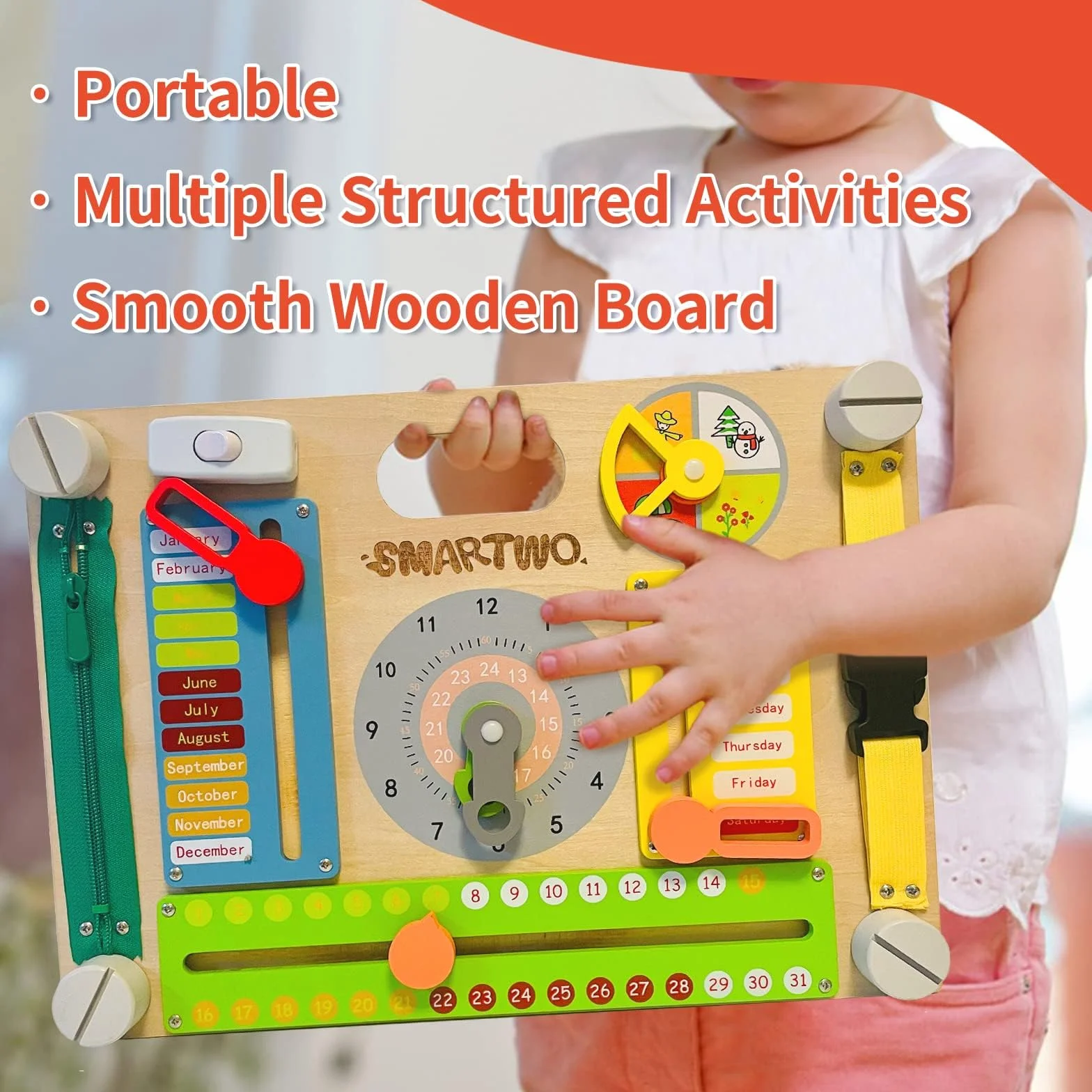 Drewniana tablica aktywności dla małych dzieci, zabawki Montessori dla dzieci w wieku 2, 3 i 4 lat, large double-sided wooden busy board, time learning, fine motor skill, early development