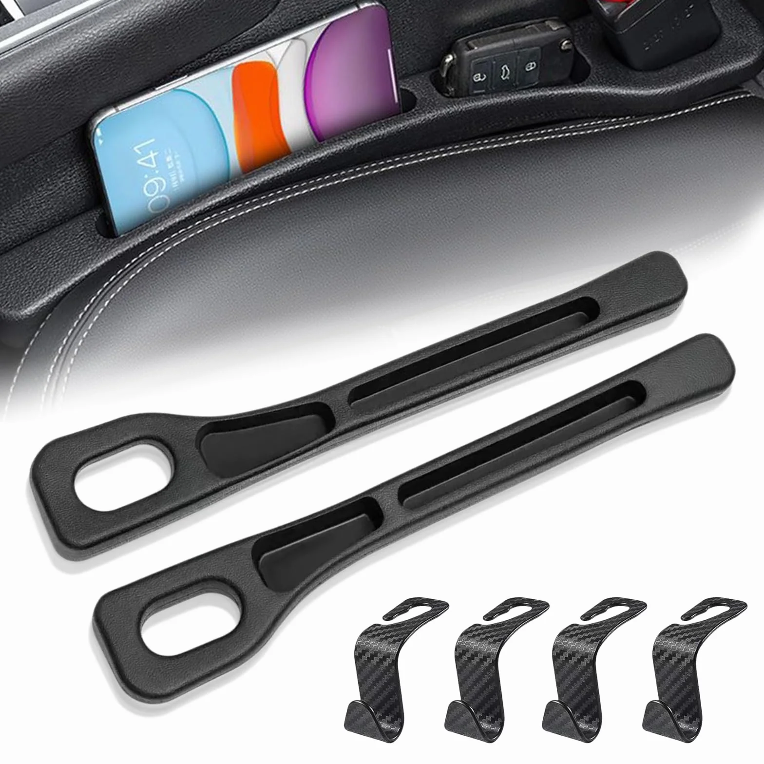 2 sztuki pudełek do przechowywania do foteli samochodowych, uniwersalny organizer z 4 haczykami do przechowywania, wypełniacz szczelin samochodowych Car Seat Gap Filler na drobiazgi, telefony
