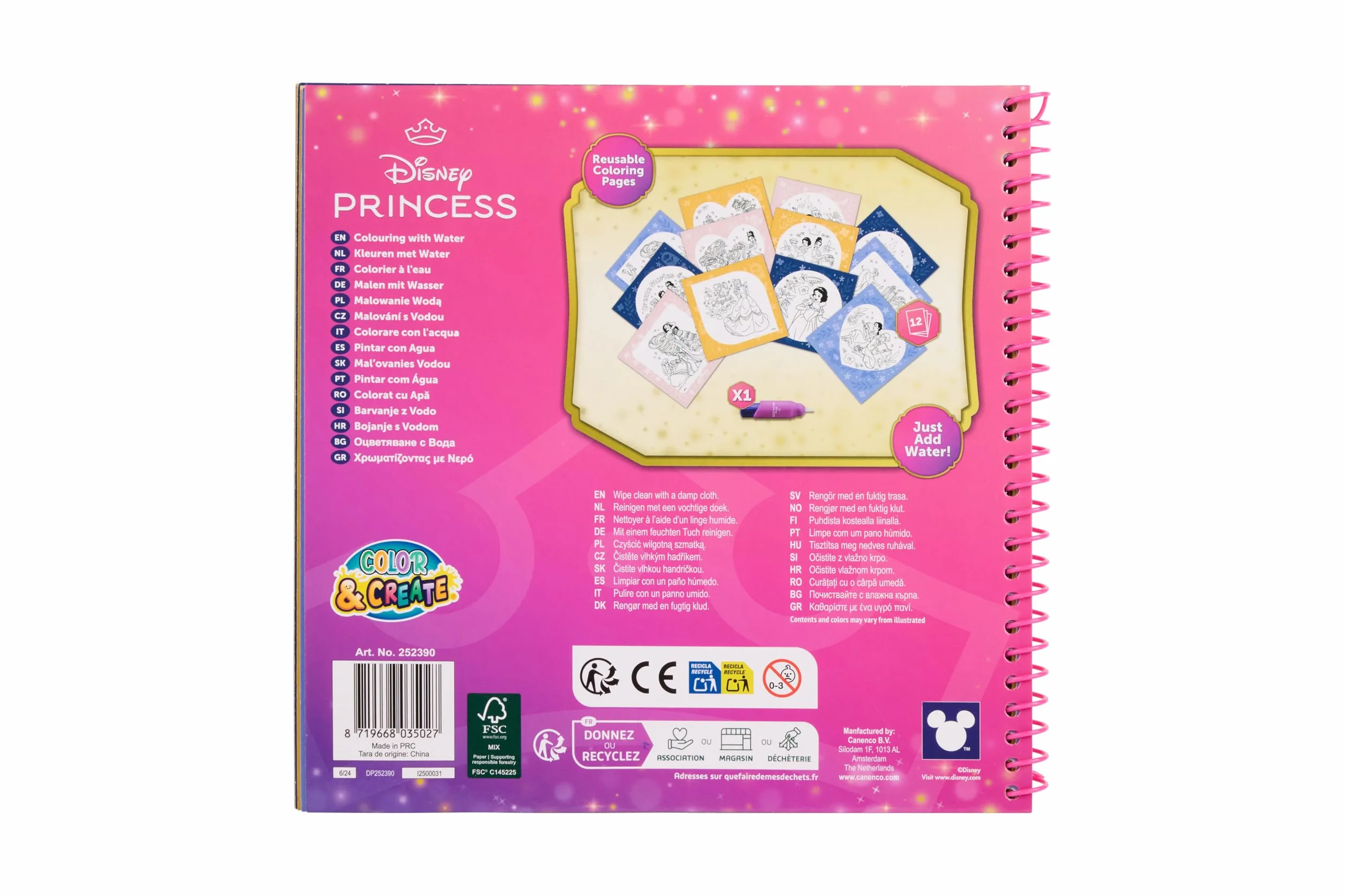 Disney Princess kolorowanka z wodą | Kolorowanka wielokrotnego użytku dla dzieci od 3 lat | Z napełnianym ponownie pisakiem wodnym | 12 stron do pokolorowania | Vaiana, Roszpunka, Królewna Śnieżka