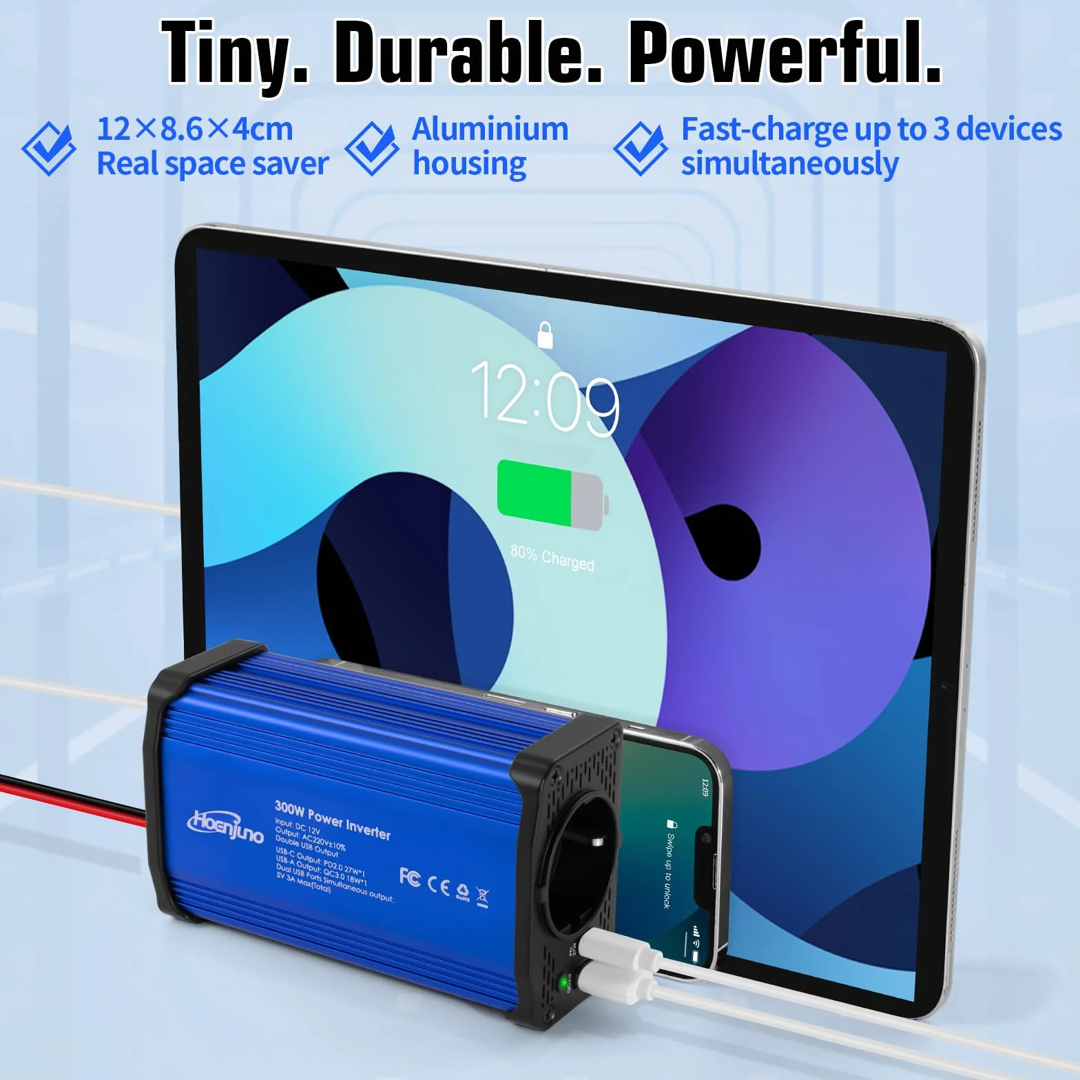 Przetwornica napięcia 300 W, 12 V na 220-230 V, z gniazdem UE i złączem USB typu C i QC 3.0, możliwość ładowania laptopa, iPada, iPhone'a, tabletu, konsoli i wielu innych