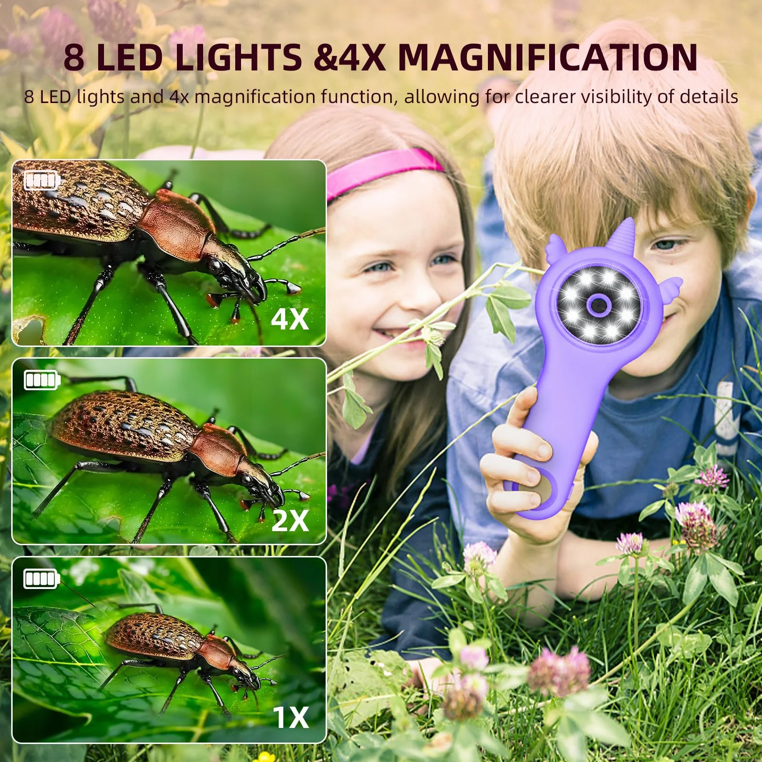 Daxiongmao Mikroskop ręczny dla dzieci, 500 x przenośna kieszonka, 3 poziomy regulowane diody LED, prezenty na Boże Narodzenie dla dzieci w wieku 3 4 5 6 7 8 dla dziewcząt i chłopców