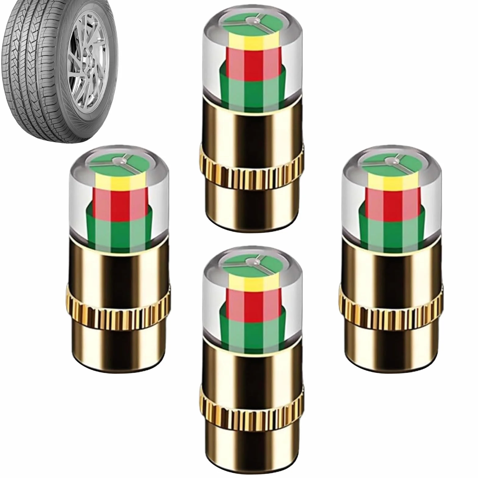 Tire Pressure Valve Caps 2.4bar 36PSI Visual Sensor Indicators ABS Metal Stem Covers 4 Pack