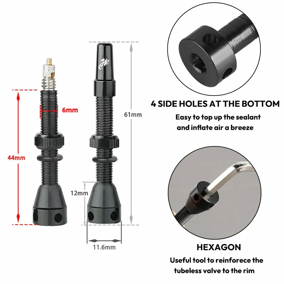 Zawory Presta Tubeless 44 mm ze stopu aluminium, bezdętkowe wentyle z usuwaczem wkładu i zaślepkami do opon rowerowych MTB