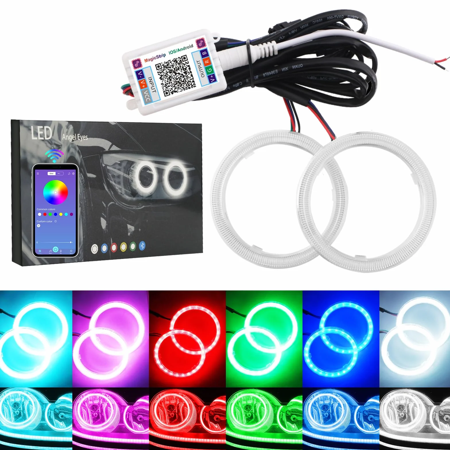 Qasim 1 para 60 mm Angel Eyes RGB LED COB Halo Pierścień Angel Eyes Uniwersalny do DRL Reflektor samochodowy Motocykl Lampa ostrzegawcza z osłoną Sterowanie Bluetooth Mobilna aplikacja 12V