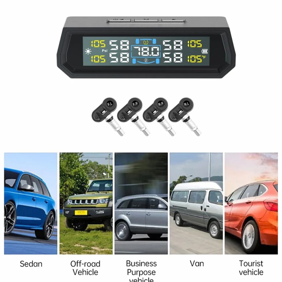 T-PMS system monitorowania ciśnienia w oponach, system monitorowania ciśnienia w oponach z zasilaniem energią słoneczną/USB, automatyczny system alarmowy ciśnienia w oponach, wodoodporność IPX7, 4