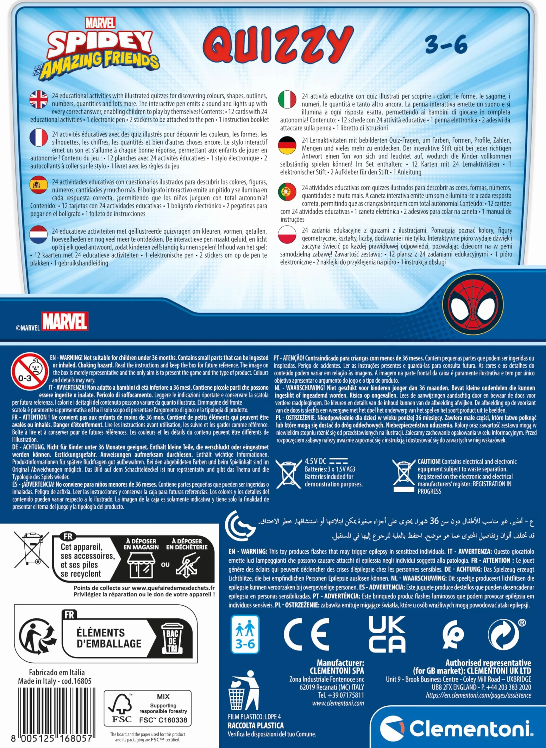 Clementoni Gry edukacyjne - długopis elektroniczny Basic Marvel Spidey, gra quizowa dla dzieci z elektronicznym długopisem, zabawki edukacyjne 3 lata, wielojęzyczne, baterie w zestawie, wyprodukowano