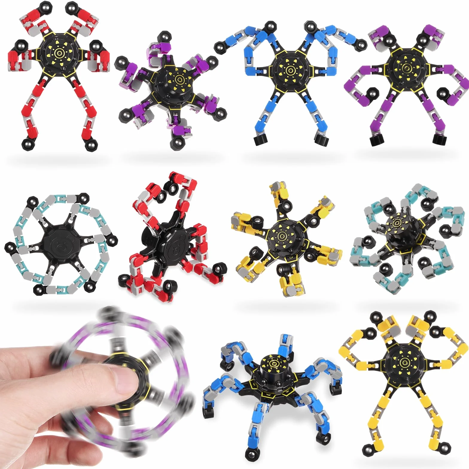 Ainiv Deformable Robot Fidget Spinner Toys, 10 szt. Transformujący łańcuch z palcami, zabawna, kreatywna zabawka Fidget DIY do łagodzenia stresu na palcach dla nastolatków i dorosłych, na imprezę
