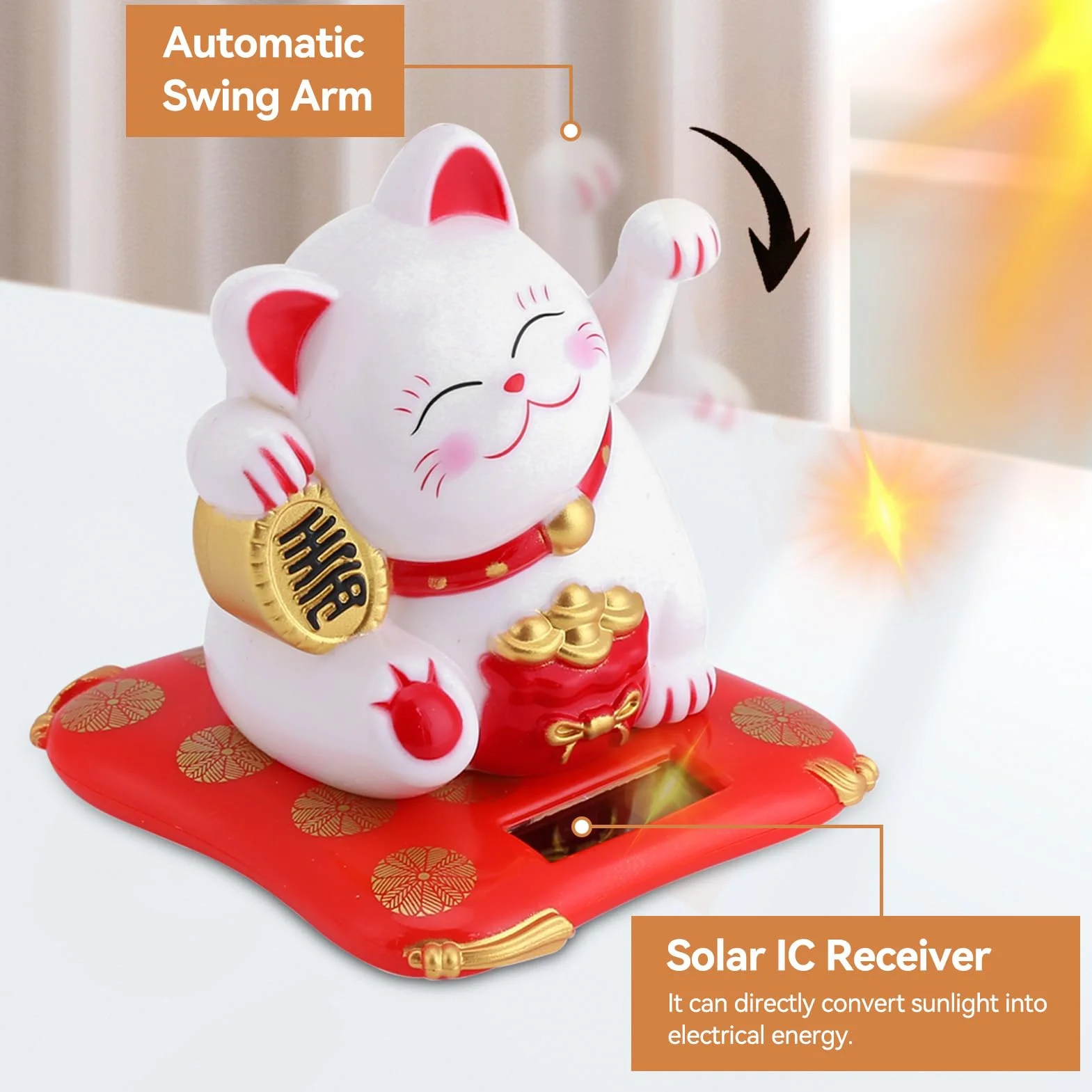 Kot na szczęście, Mini Maneki Neko Japoński posąg kota z machającym ramieniem Zasilany energią słoneczną do wystroju deski rozdzielczej samochodu w domu[White]