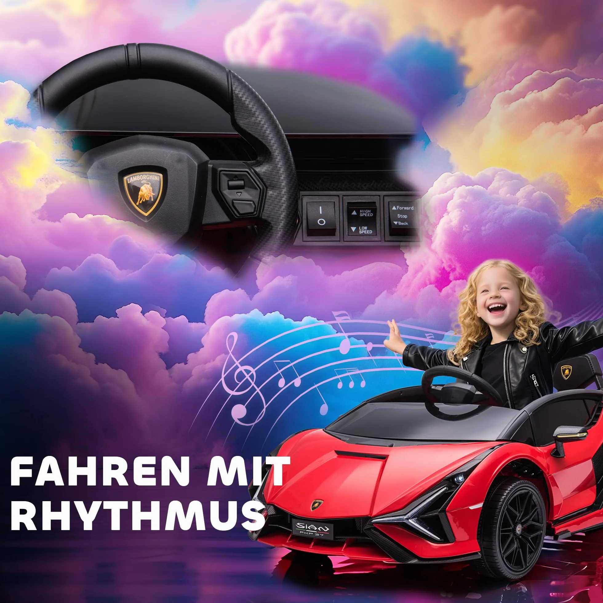 Samochód dziecięcy HOMCOM 2 tryby jazdy Lamborghini SIAN SUV autko zabawka samochód elektryczny z pilotem bardzo szerokie opony muzyka (MP3/USB) oświetlenie 3–5 lat PP metal czerwony 108 x 62 x 40 cm
