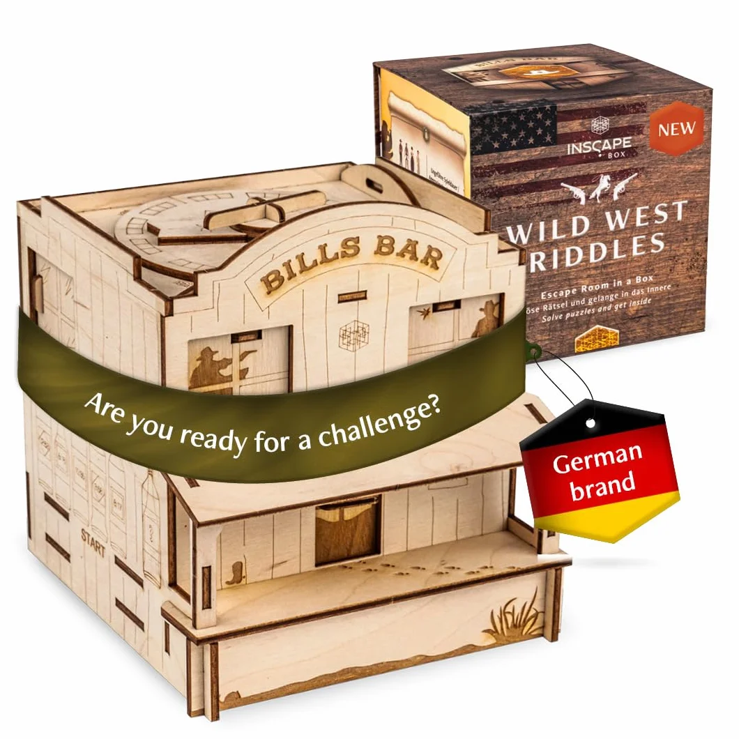 INSCAPE Wild West Riddles drewniane pudełko z puzzlami - puzzle - Escape Room gra dla dorosłych i dzieci - gry logiczne dla dorosłych - drewniane puzzle 3D - Cluebox - gry myślące