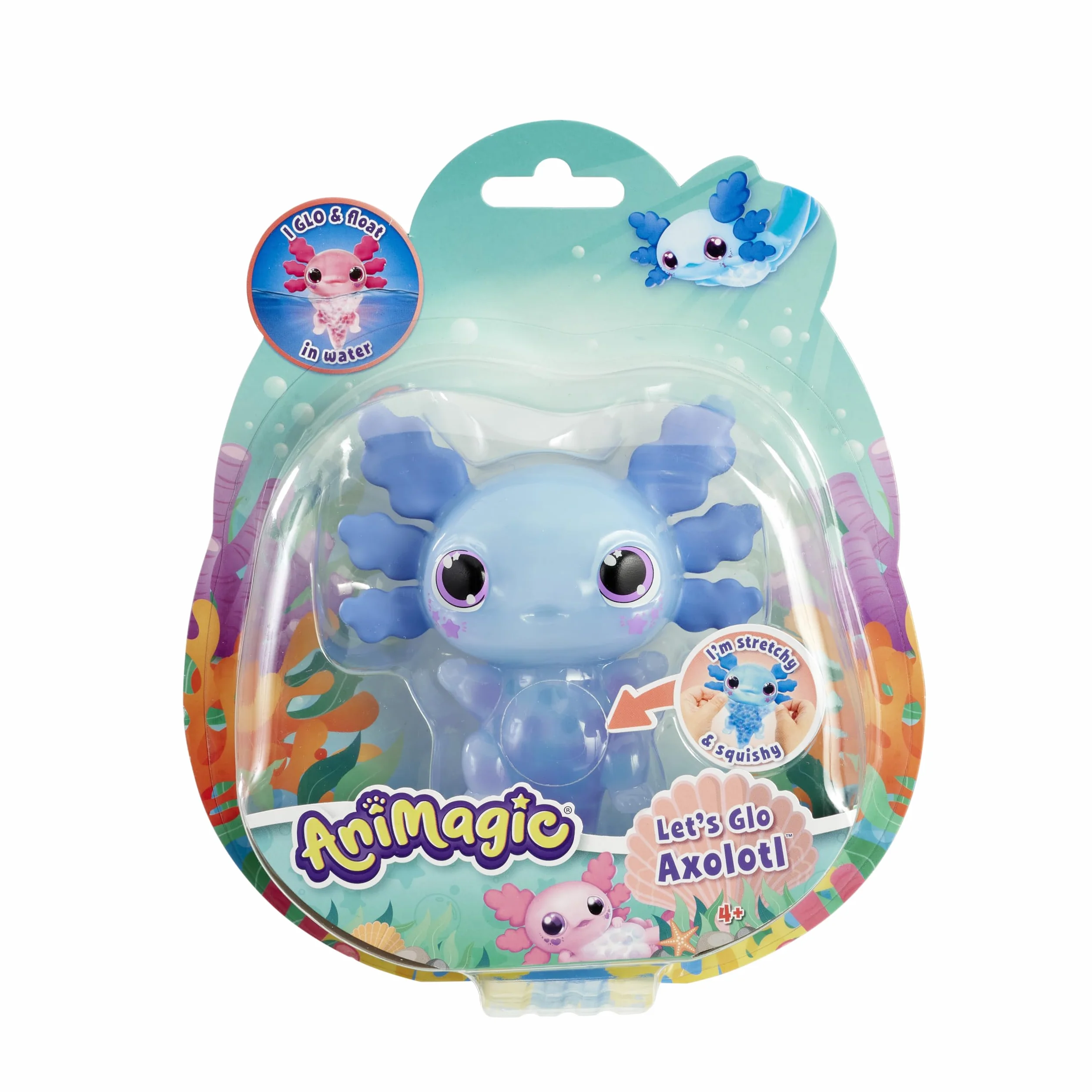 ANIMAGIC - Let's Glo Axolotl - Elektroniczny i świetlny zwierzak domowy - Niebieski - Dla dzieci od 4 lat - Gra sensoryczna i wrażenia dotykowe - Rozciągliwy korpus - Pływa i świeci w wodzie