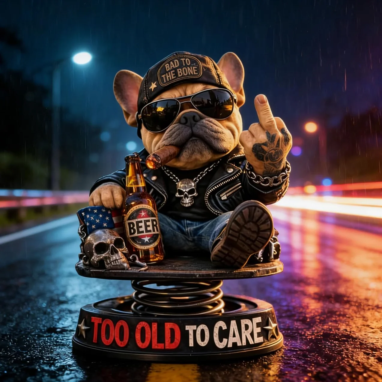 Too Old to Care Dashboard Bobblehead, interesujący buldog jako dekoracja samochodowa, zabawna dekoracja deski rozdzielczej samochodu w kształcie psa ze sprężynową podstawą, bobbleheady na deskę