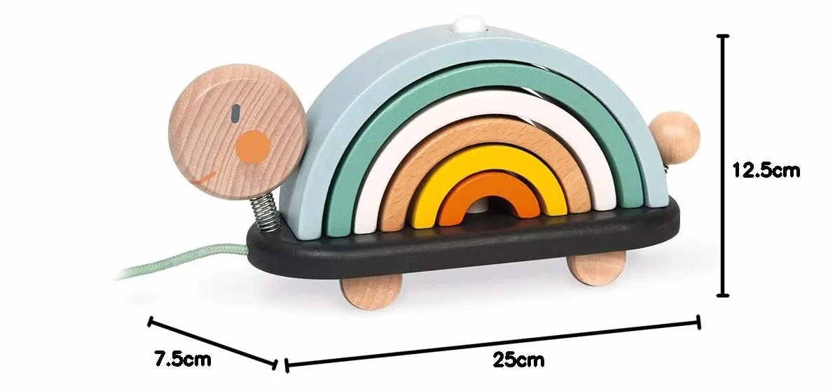 Janod - Wooden Sweet Cocoon Rainbow Turtle - Original Early Learning Game, 6 Stackable Arcs Of Circles - 1st Learnings - Turtle to Pull - Wooden Toy, Water Based Paint - from 18 Months Old, J04405