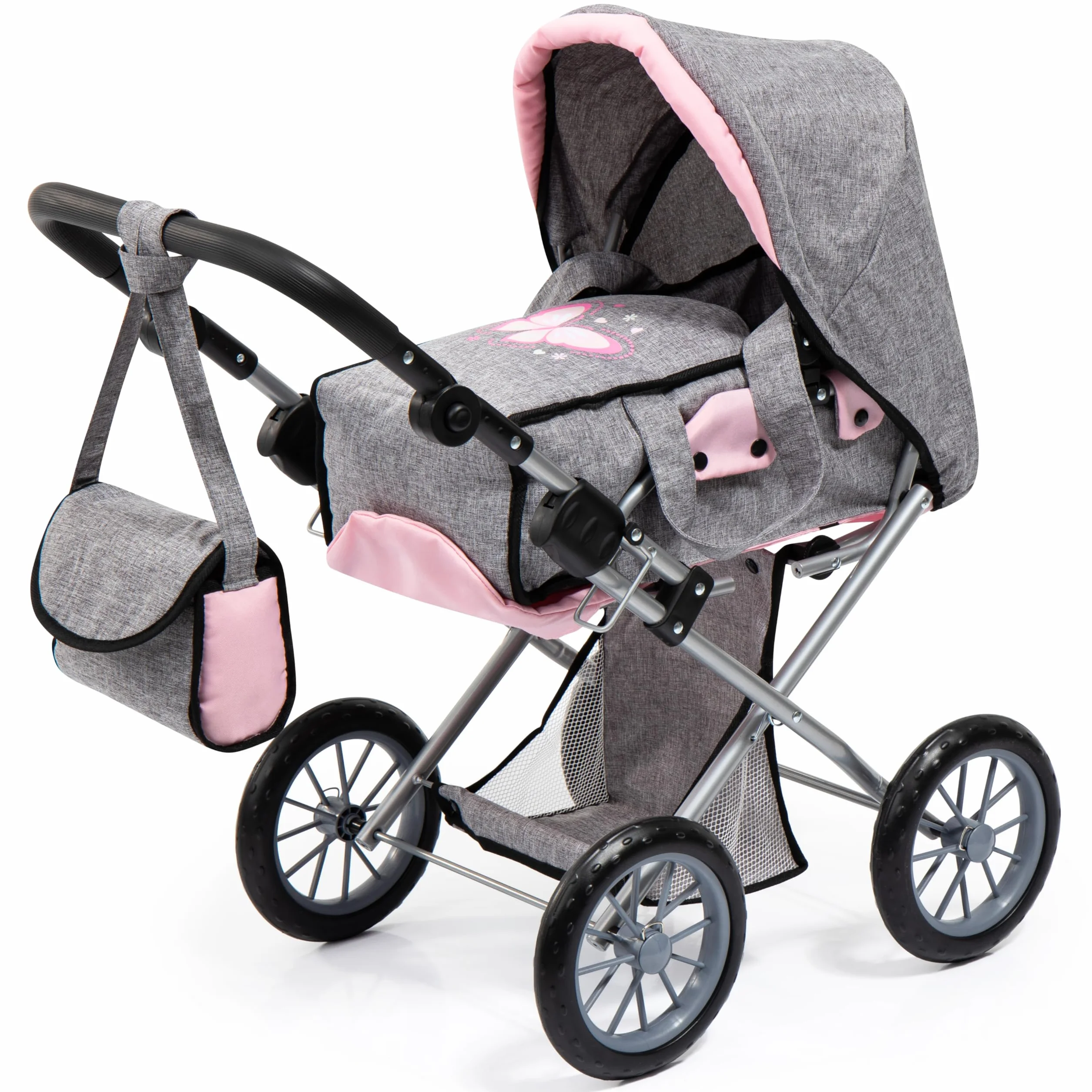 Bayer Design 13633AA Wózek dla lalek City Star combi, zdejmowaną gondolą i torbą na ramię, regulacją wysokości, wymienic na wózek do joggingu, niebieski, szary, motylkiem