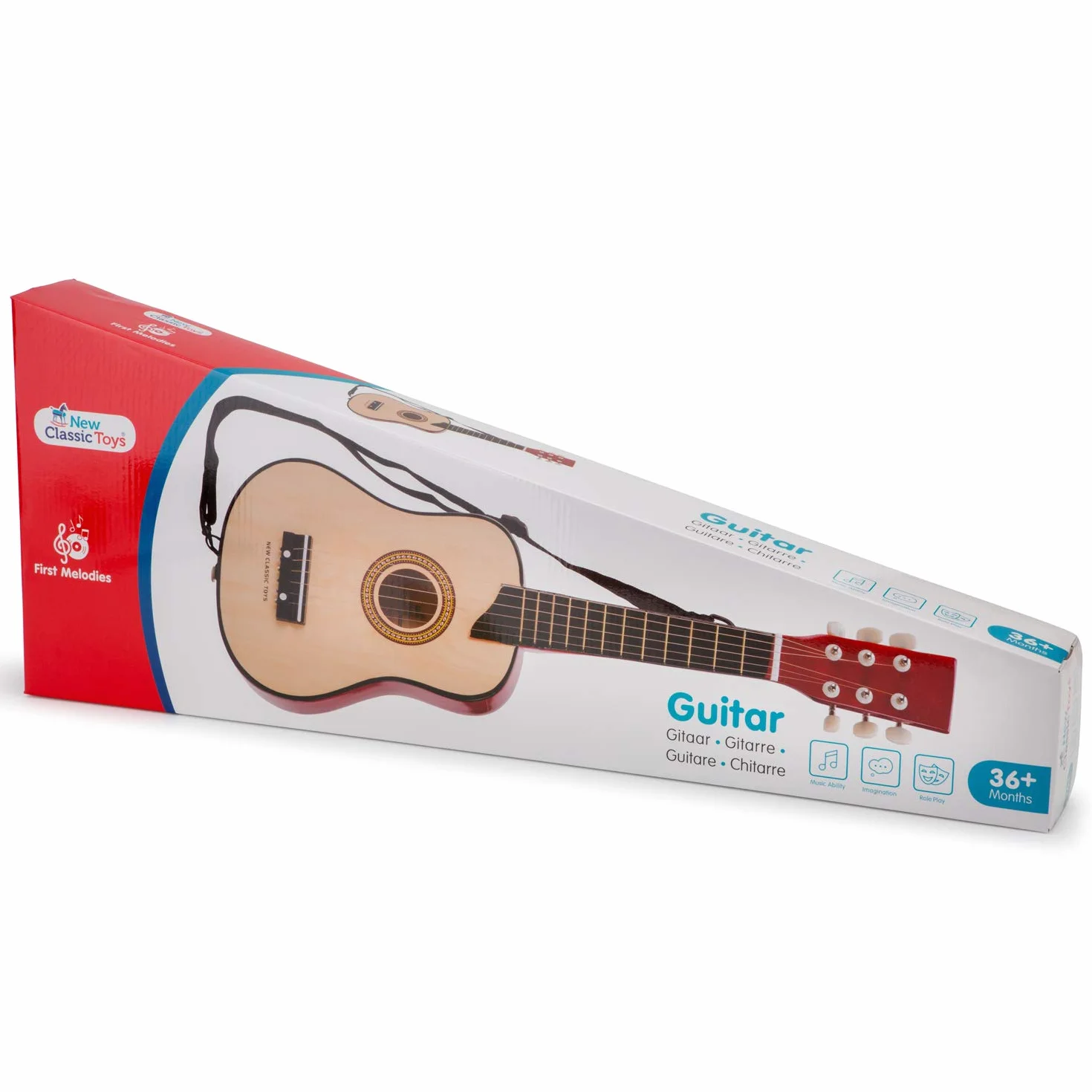 New Classic Toys 10304 Drewniana zabawka gitarowa dla małych dzieci 3 chłopców i dziewcząt prezenty dla niemowląt, instrumenty muzyczne dla dzieci w wieku trzech lat inkluzywny książka, czerwona,