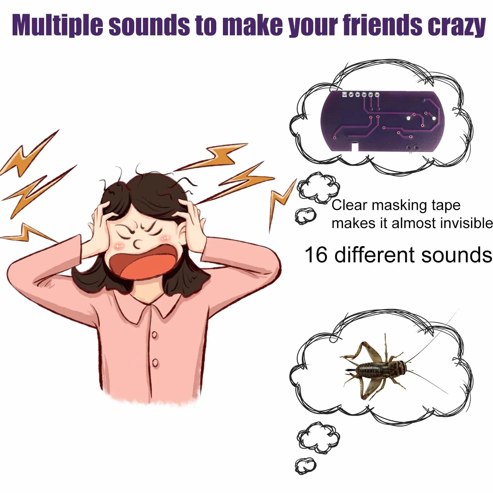 Cricket Noise Maker, Urządzenie Piszczące z 16 Dźwiękami Półokrągłe Ukryte Narzędzie do Żartów na Przyjęcia w Biurze Domu i Szkole (Fioletowy)