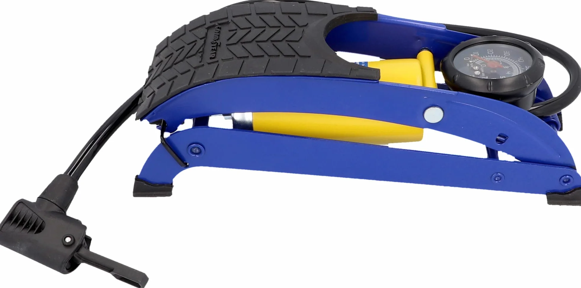 GOODYEAR 75523 Pompka nożna klasy premium, jednocylindrowy, manometr do 7 barów, antypoślizgowa blacha, adapter z podwójną głowicą, czarny, niebieski i żółty