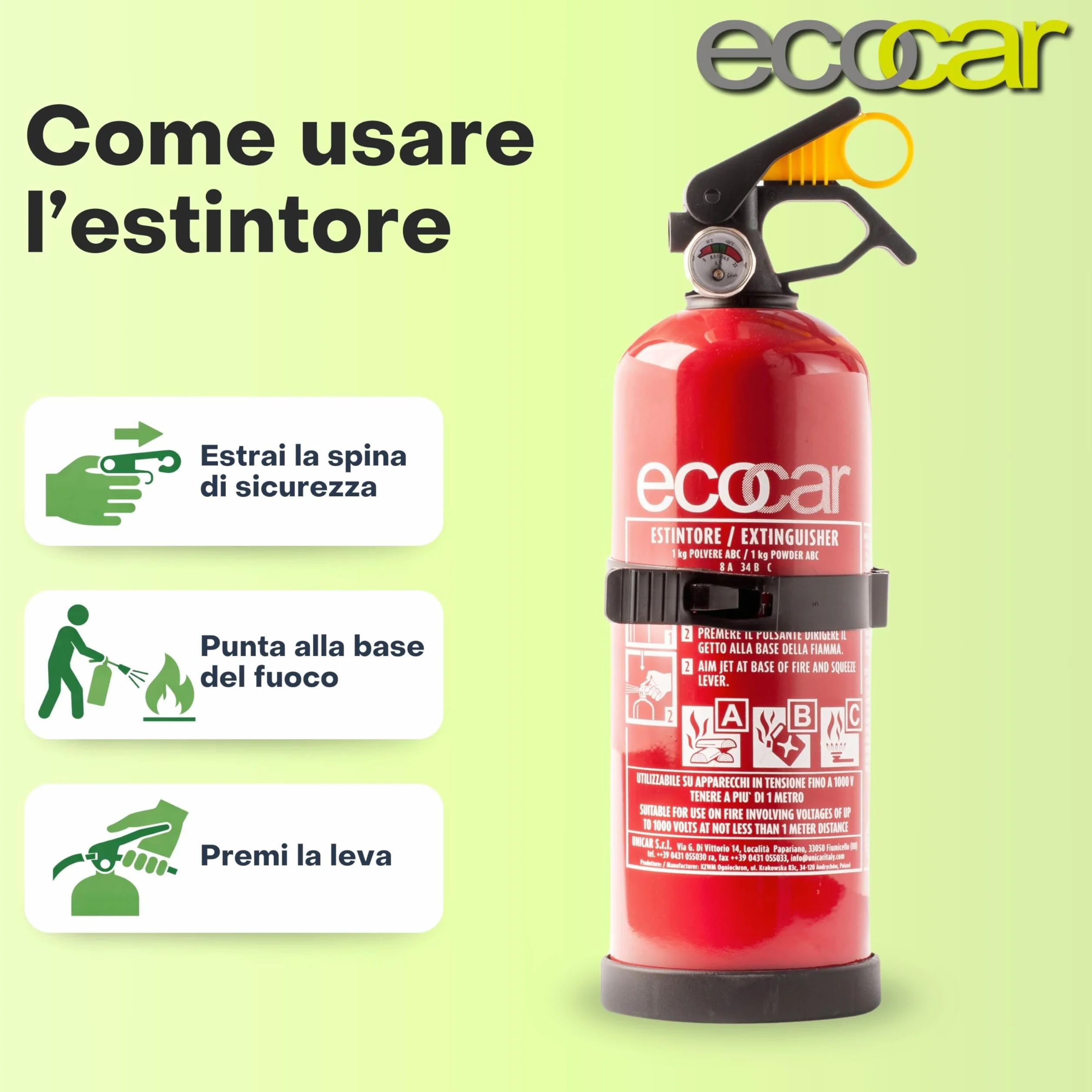 ecocar Gaśnica proszkowa 1 kg z certyfikatem EN3 do samochodu, domu i kampera, z manometrem i uchwytem