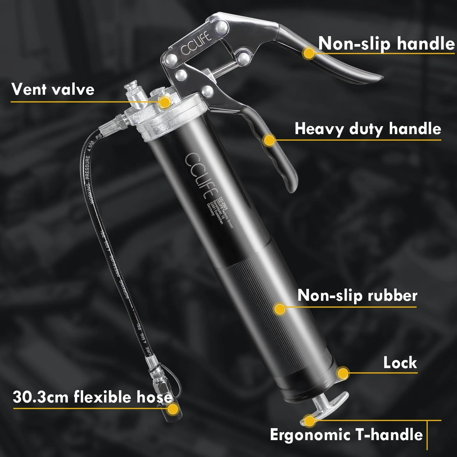 CCLIFE Jednoręczny smarowania 6000 PSI z uchwytem pistoletowym i dźwignią do smarowania 400 g kartuszy, 12-calowym wężem elastycznym i metalowym przedłużeniem