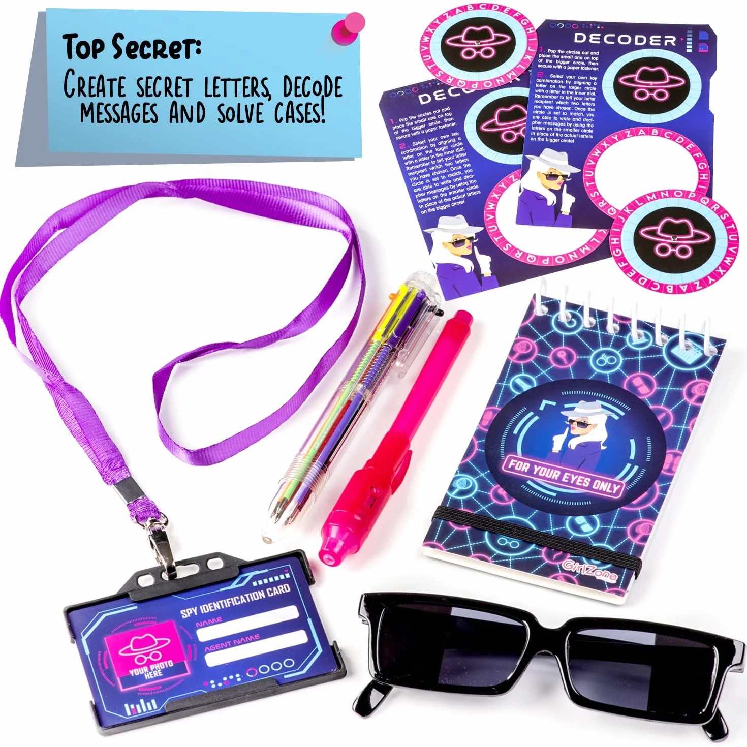GirlZone Ultimate Secret Agent, zestaw do pisania, ekscytujący zestaw szpiegowski i zabawny zestaw artykułów piśmienniczych z zabawką, papierem papierniczym i kopertami dla dzieci szpiegowskich