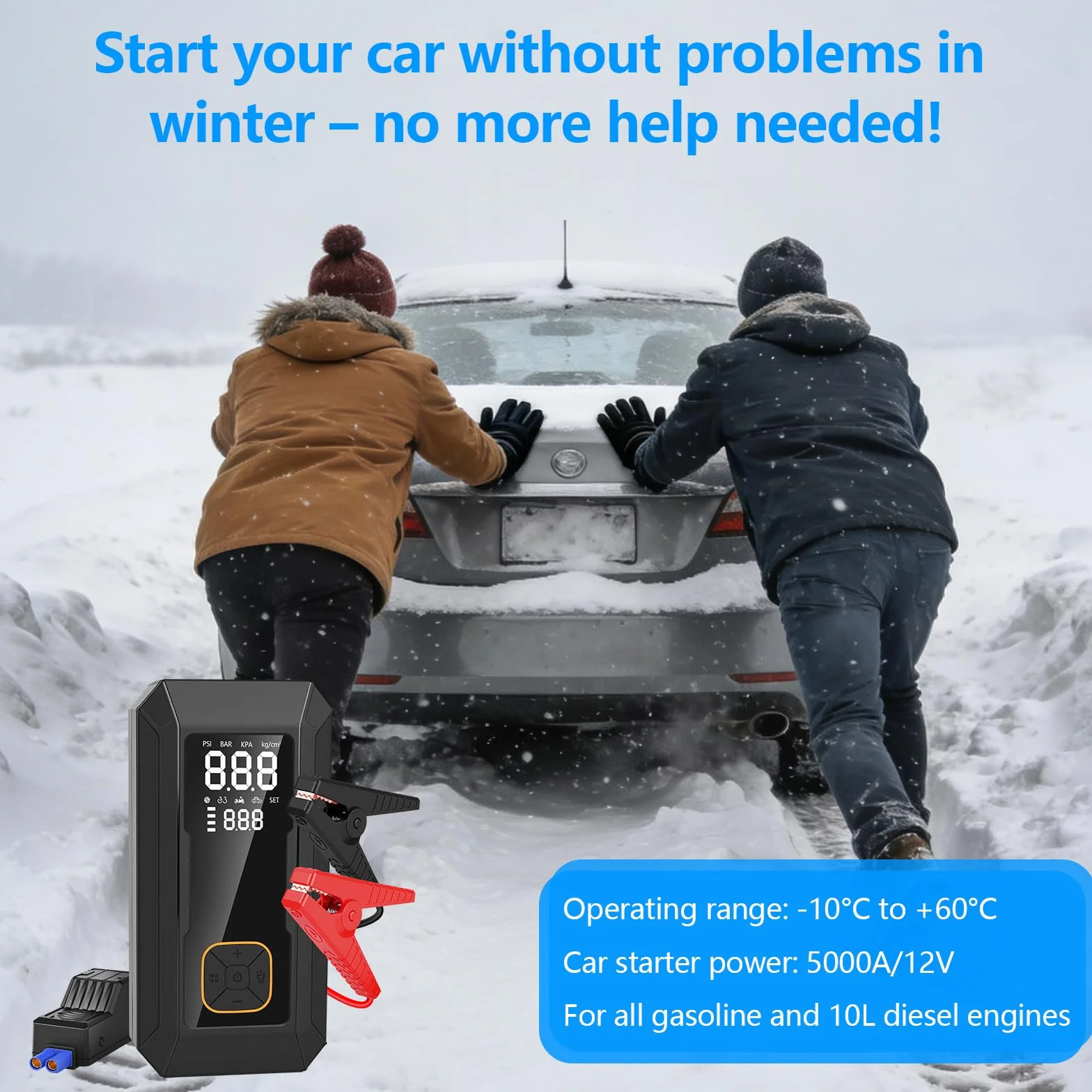 Booster akumulator ze sprężarką, rozrusznik do akumulatora samochodowego, pompka opon 150 PSI, 8000 mAH do opon samochodowych, dowolny gaz lub olej napędowy 8,0 l, ekran LCD, oświetlenie awaryjne