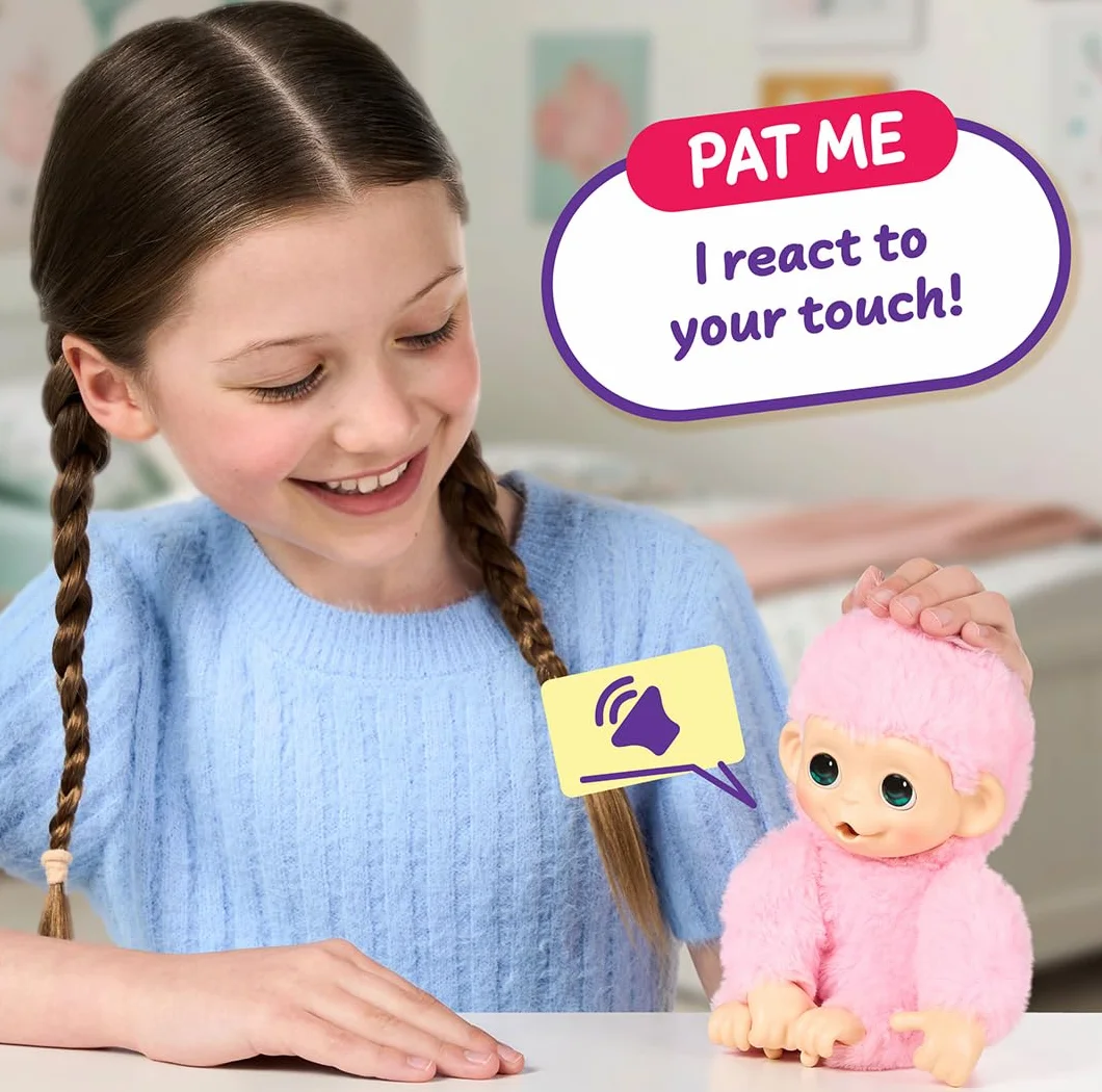 Little Live Pets Baby Monkey Minis – Luna Lemon. Interaktywna zabawka dla zwierząt domowych. Ponad 20 dźwięków i reakcji. Miękkie różowe futro. 18,8 cm wysokości. Karmić, pielęgnować. Reaguj