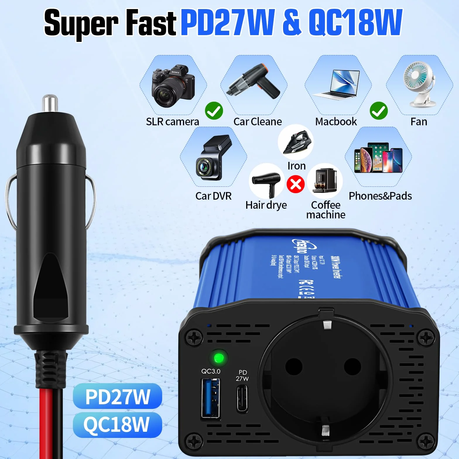 Przetwornica napięcia 300 W, 12 V na 220-230 V, z gniazdem UE i złączem USB typu C i QC 3.0, możliwość ładowania laptopa, iPada, iPhone'a, tabletu, konsoli i wielu innych