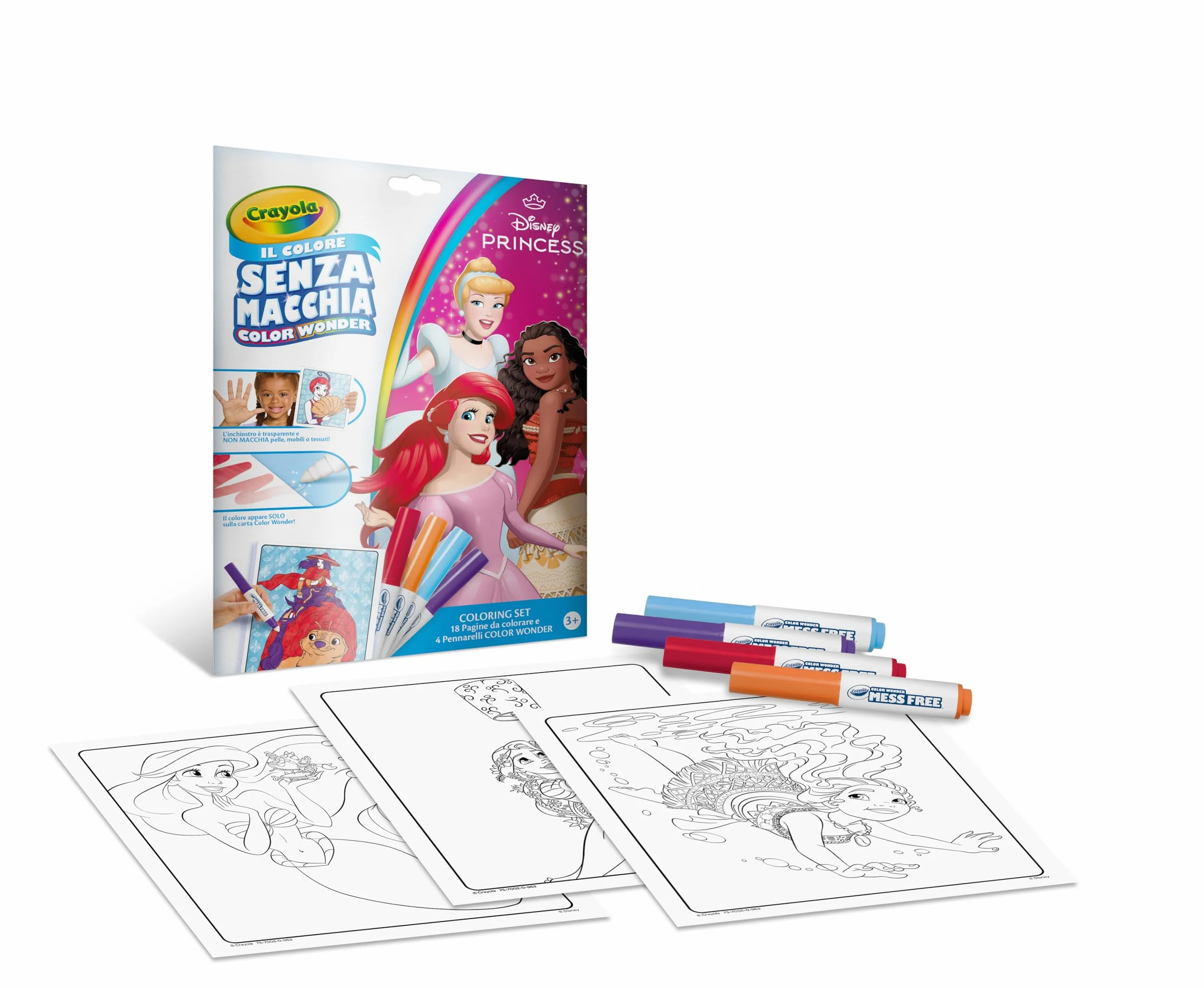 CRAYOLA - Color Wonder, zestaw do kolorowania z 18 kolorowankami i 4 markerami bez plam, Disney Princess, kreatywność dla dzieci, wiek 3,4,5 lat, kod. 25-2900