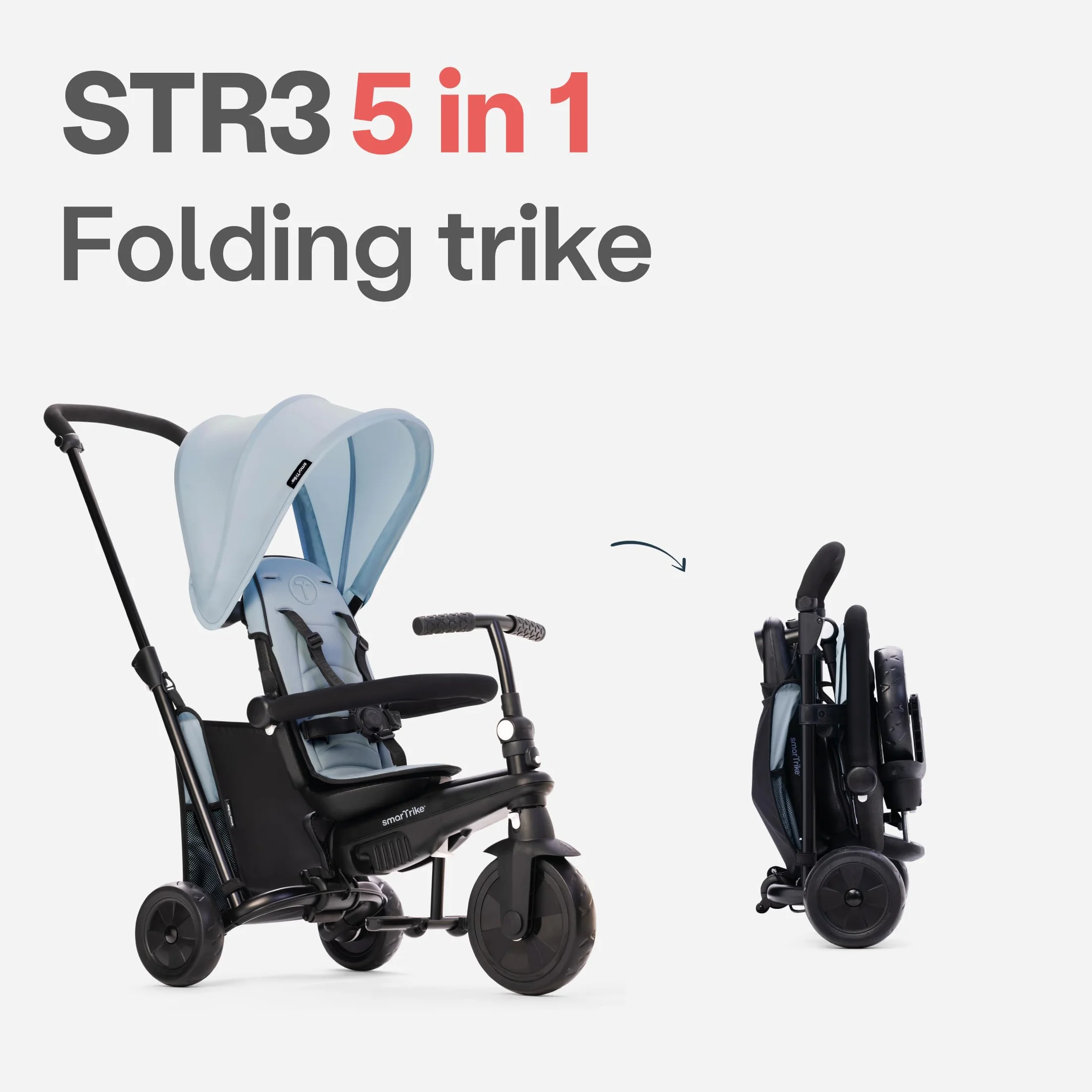 smarTrike STR3 składany trójkołowiec dla małych dzieci z certyfikatem wózka dziecięcego, dla dzieci w wieku 1,2,3 lat, wielostopniowy rower trójkołowy 6 w 1, Cool Grey