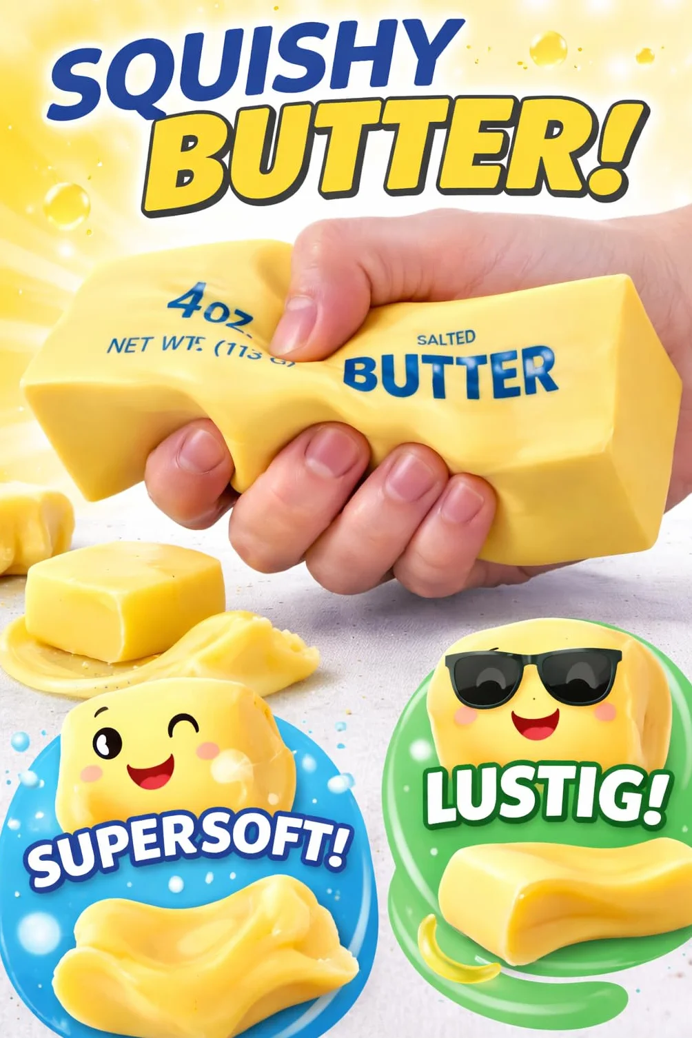 Squeeze Toy Butter – zabawna zabawka Squishy Fidget Toy dla dzieci i dorosłych, miękka, antystresowa, do ugniatania, piłka antystresowa do ugniatania, zabawny gadżet (żółta/tęczowa, 1 szt. w zestawie
