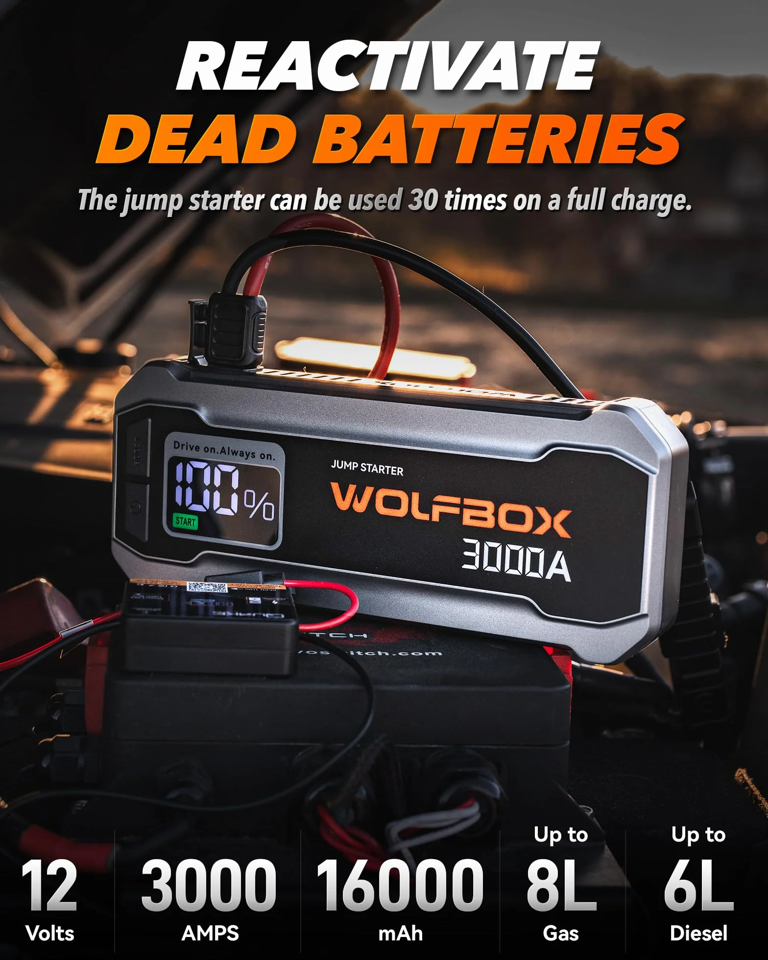 WOLFBOX Jump Starter 3000 A 12 V 65 W do silnika wysokoprężnego 8 l 6 l z kablem rozruchowym i światłem LED