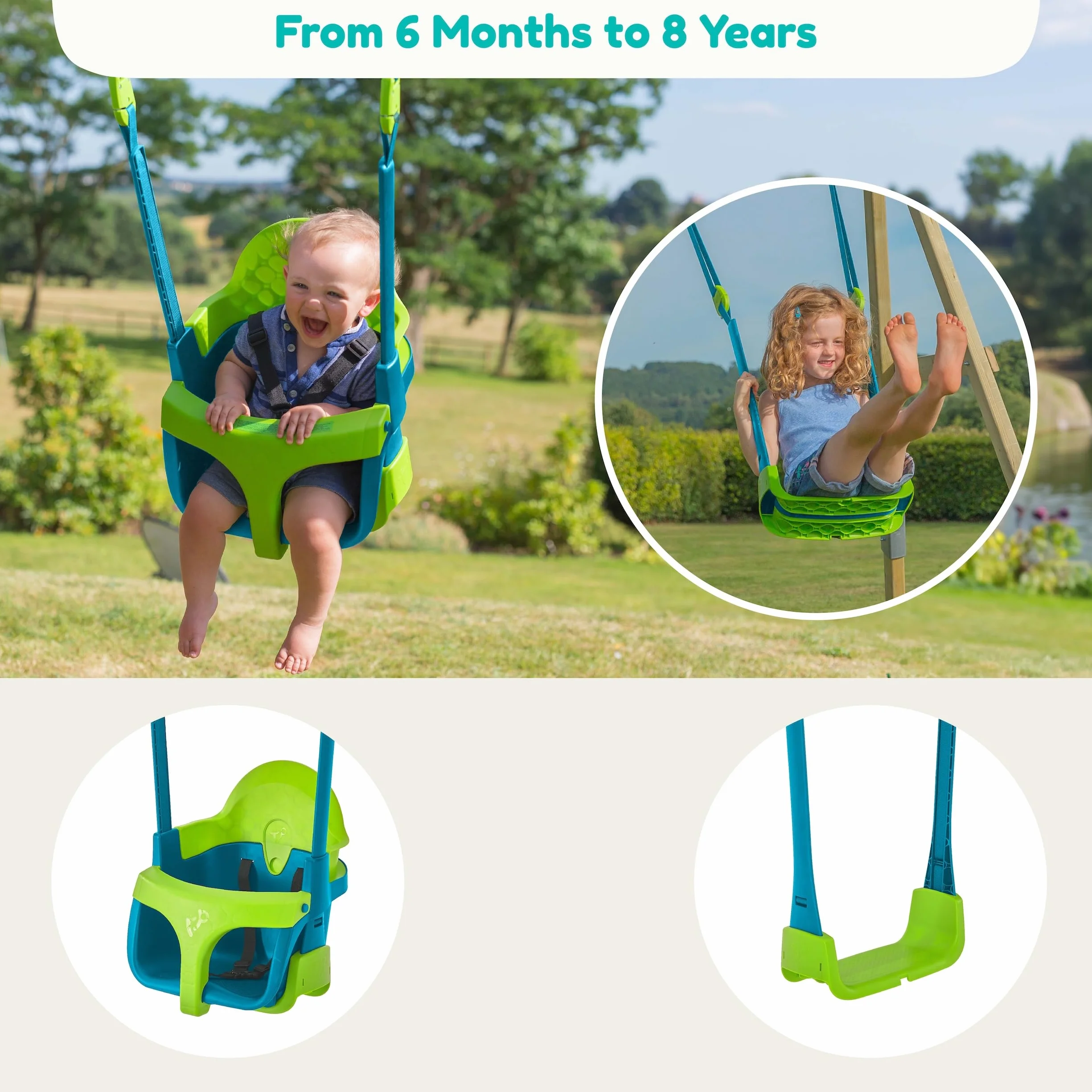 TP Toys TP900 miesięcy 4 w 1 regulowany fotel bujany dla dzieci od 6 moli do dzieci 8 lat, zielono-niebieski, rozmiar uniwersalny